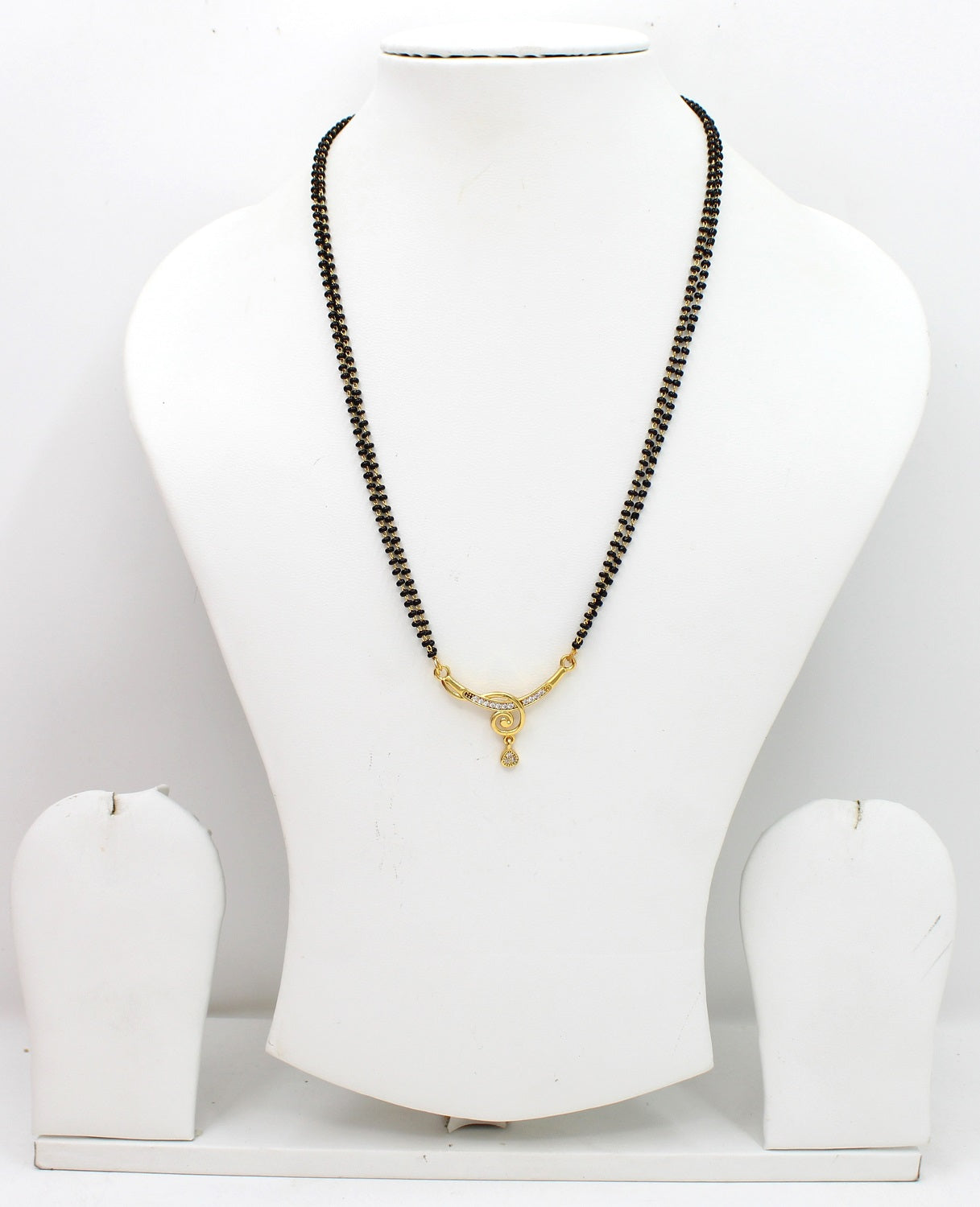 Elegant Double-Line Black Bead Mangalsutra with Golden Spiral Pendant