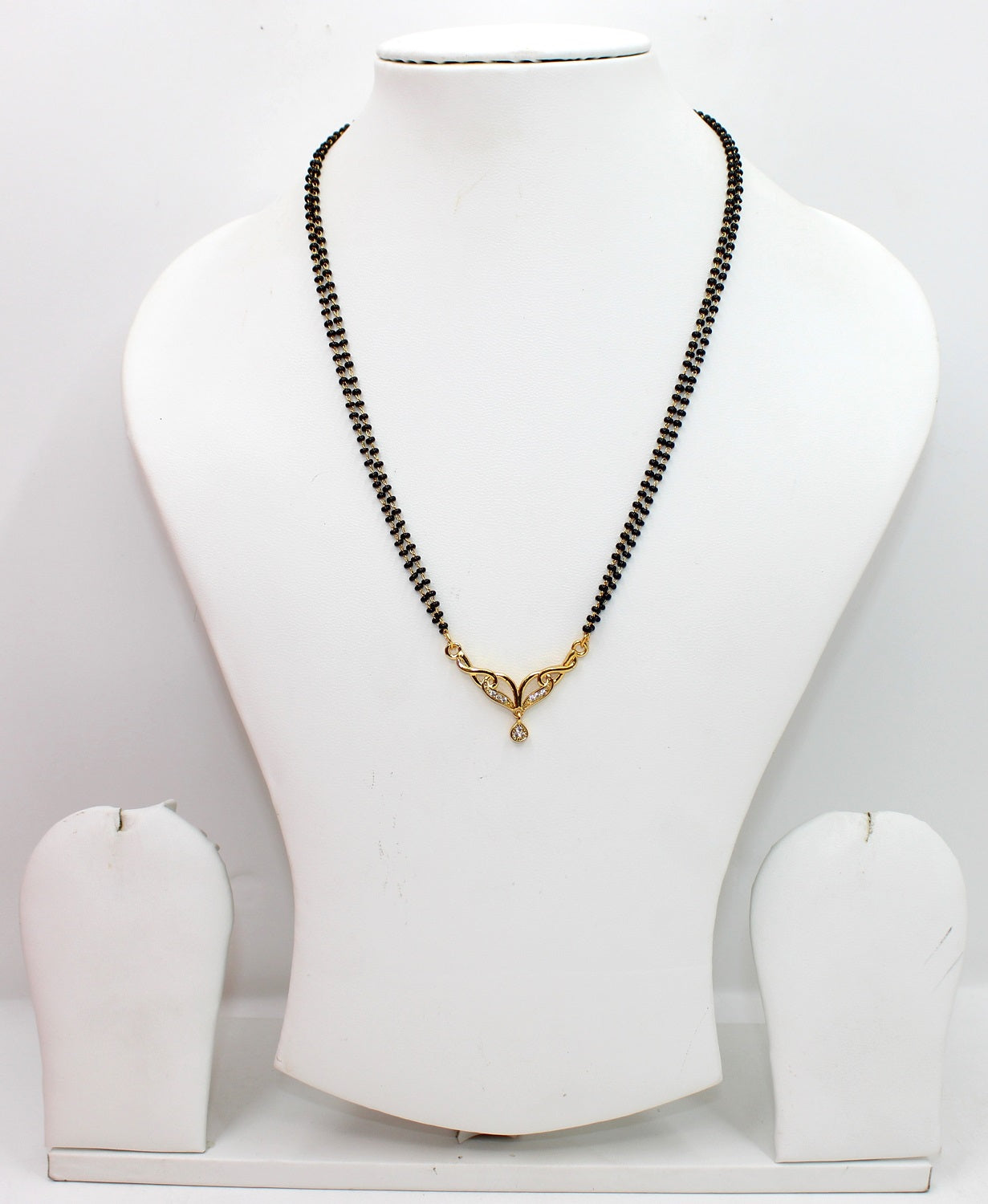 Elegant Double-Line Black Bead Mangalsutra with Heart-Inspired CZ Pendant