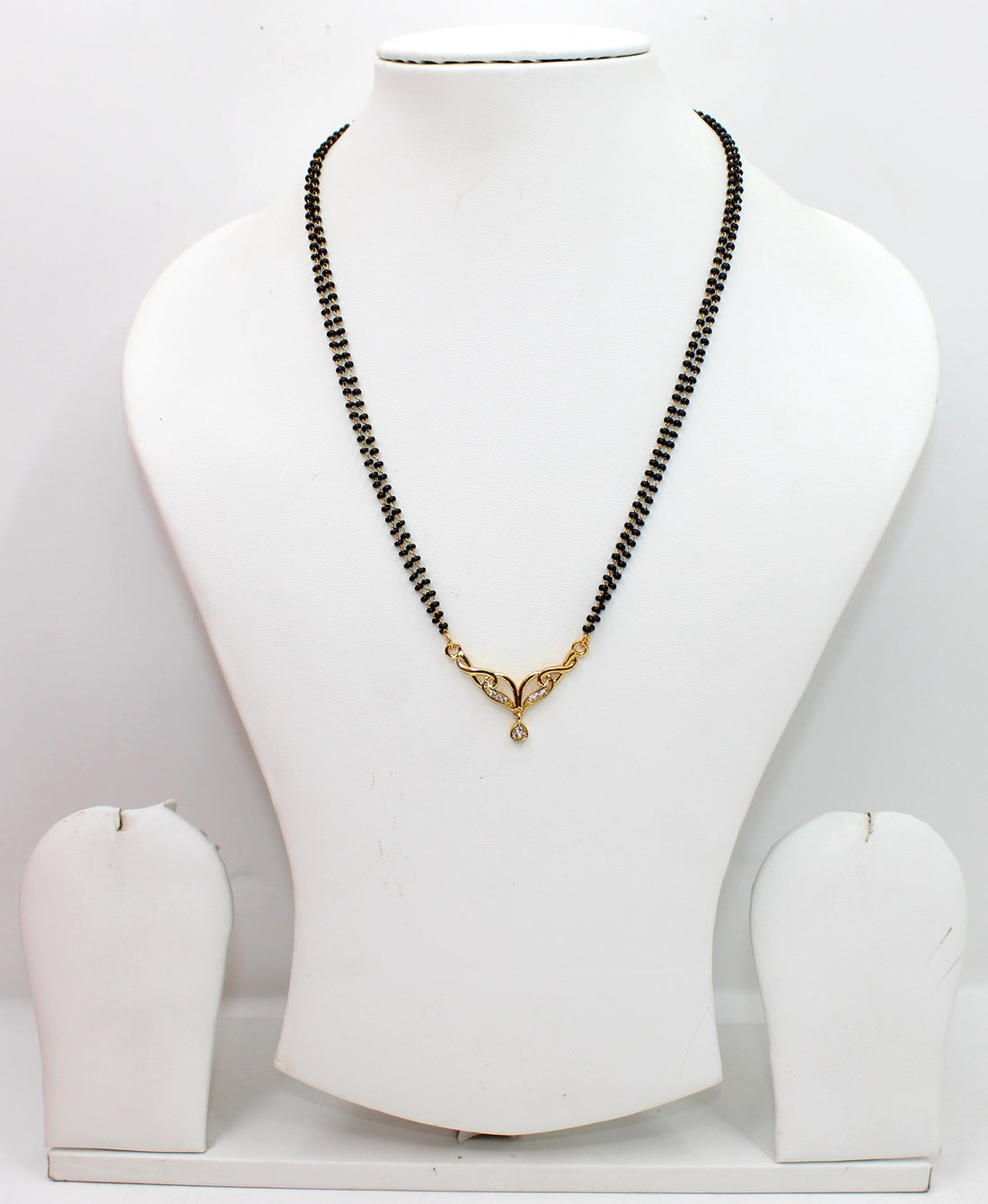 Elegant Double-Line Black Bead Mangalsutra with Heart-Inspired CZ Pendant