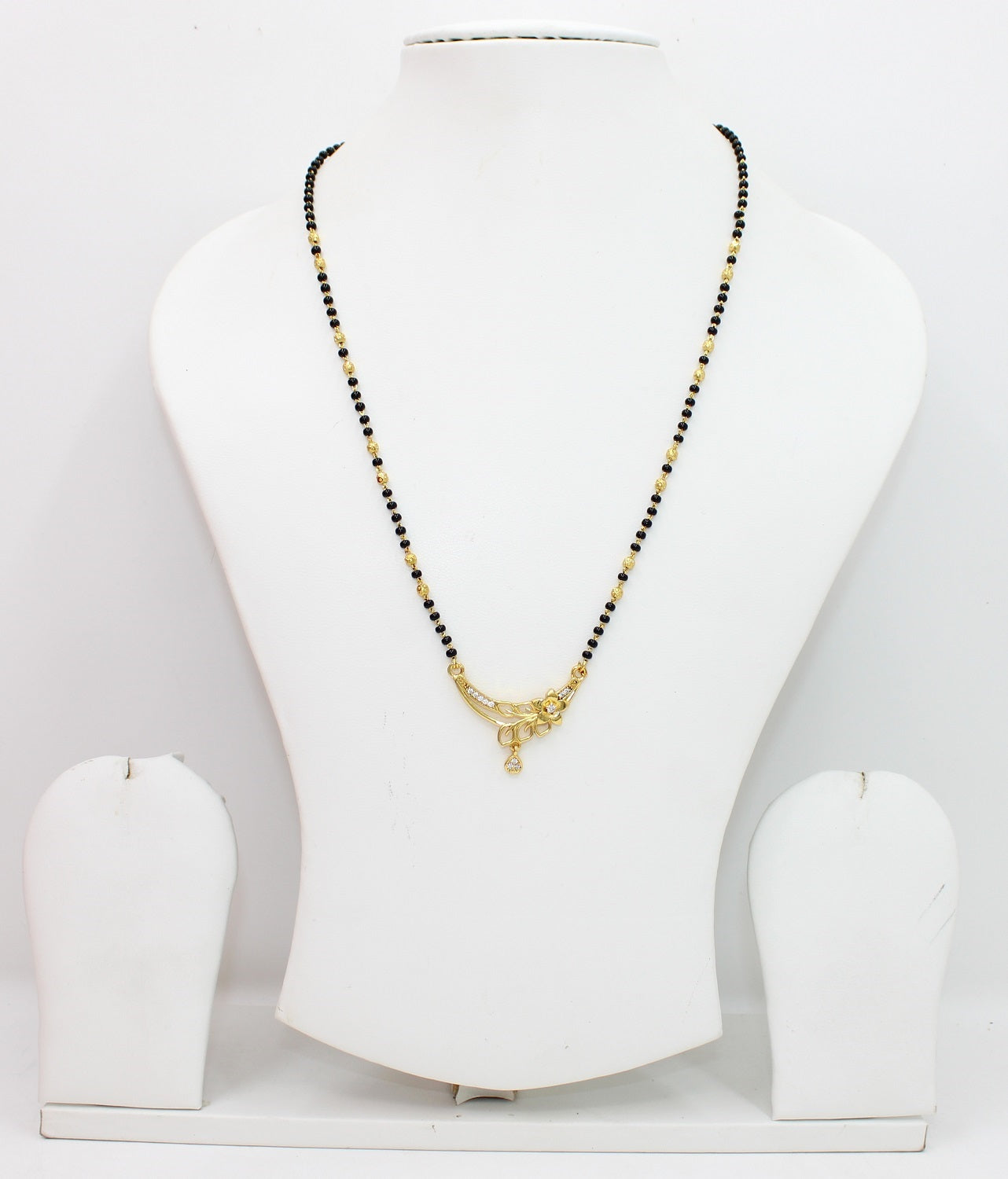 Floral Design Gold-Plated Mangalsutra with Black Beads & CZ Drop Pendant