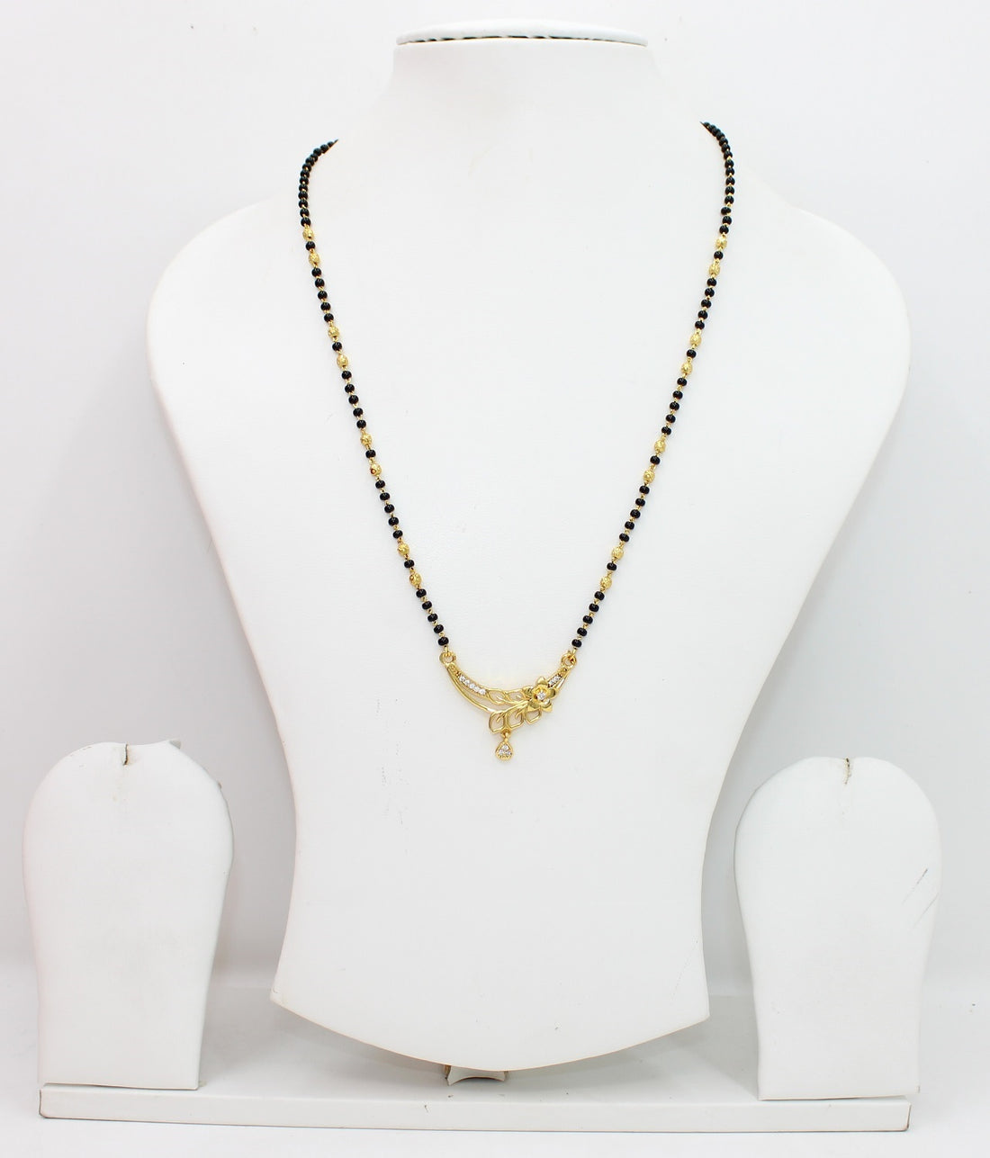 Floral Design Gold-Plated Mangalsutra with Black Beads & CZ Drop Pendant