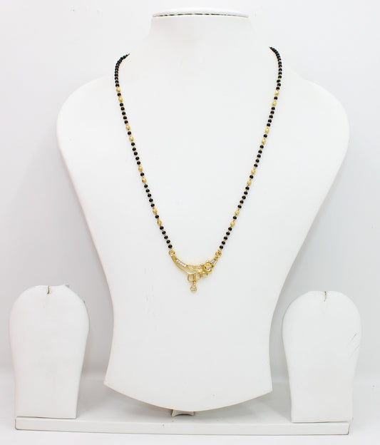 Floral Design Gold-Plated Mangalsutra with Black Beads & CZ Drop Pendant