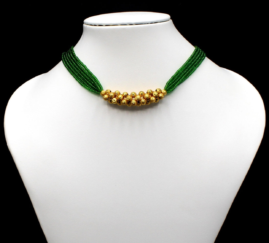 Elegant Green Beaded Choker with Golden Cluster Centerpiece – Designer Ethnic Necklace for Women