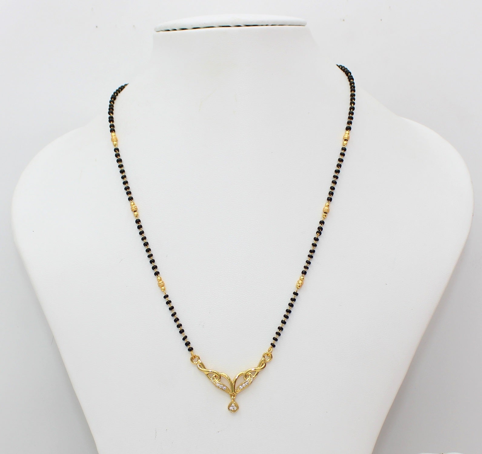 Elegant Gold-Plated Mangalsutra with CZ Pendant & Classic Black Beads