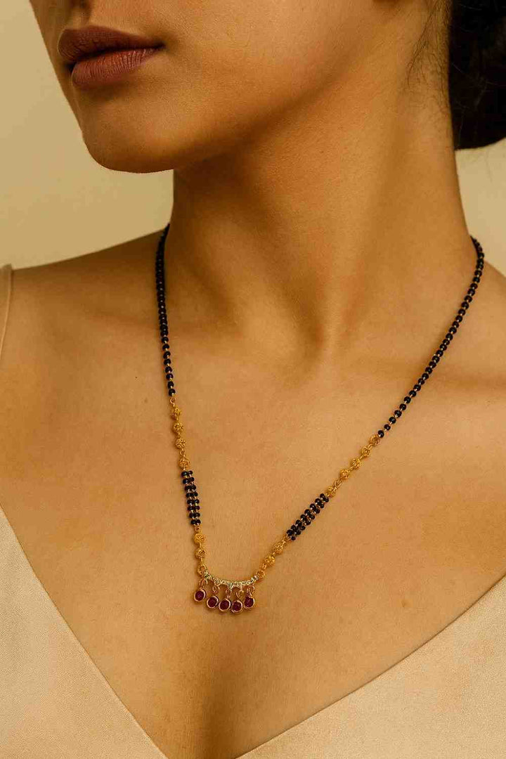 Minimal Ruby Drop Mangalsutra – Gold-Plated Black Bead Chain for Everyday Elegance
