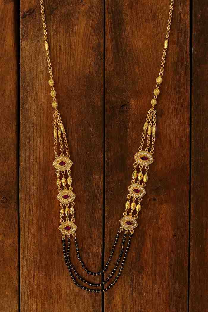 Royal Gold-Plated Double-Layer Long Mangalsutra – Red Stone & Black Bead Design