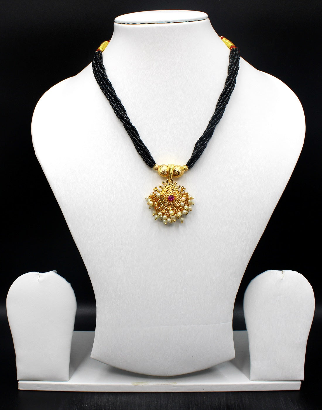 Traditional Gold Plated Round Temple Mangalsutra – Multi-Layer Black Bead Choker with Pearl Detailing ✨