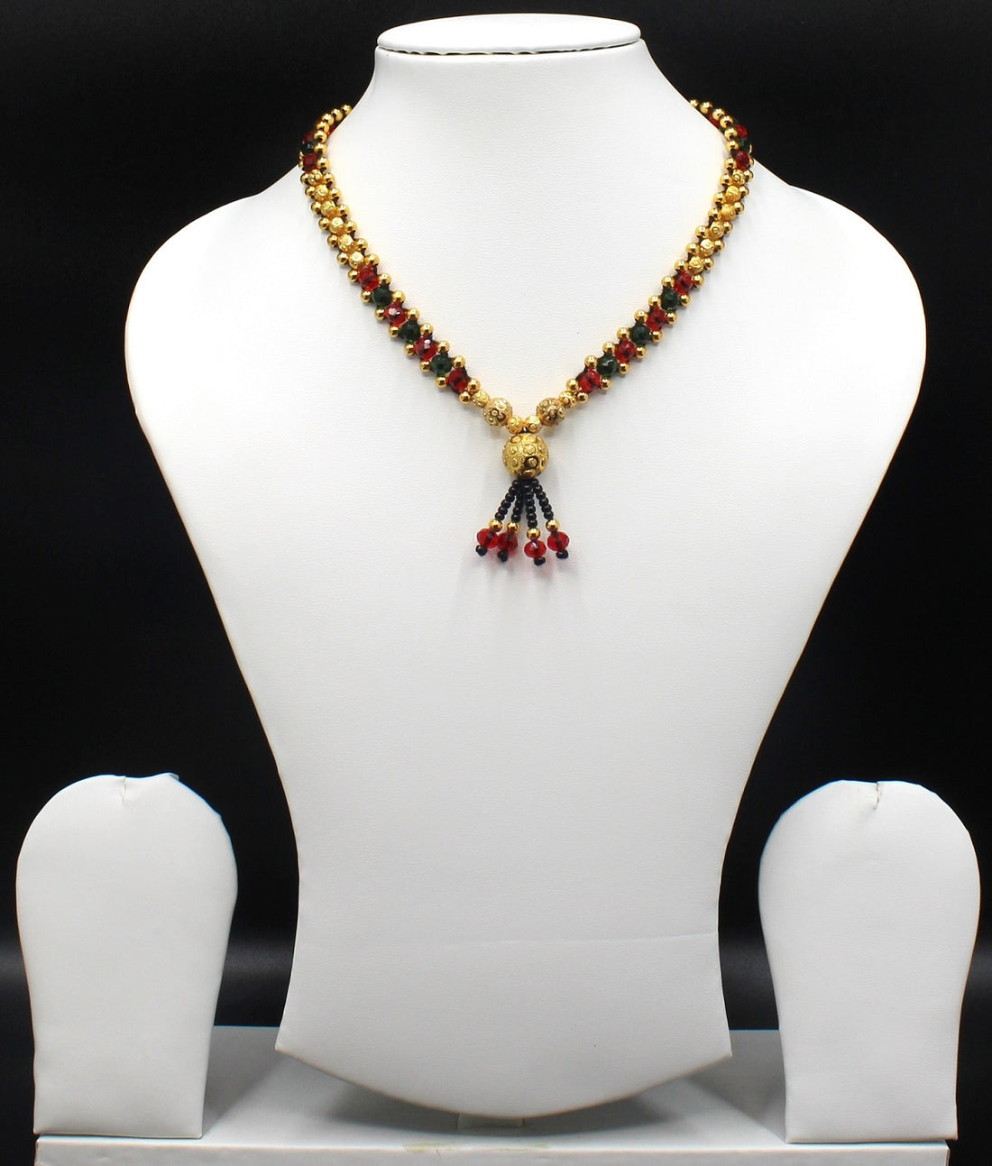 Royal Red & Gold Beaded Necklace with Black Tassel – Traditional Festive Jewellery for Women