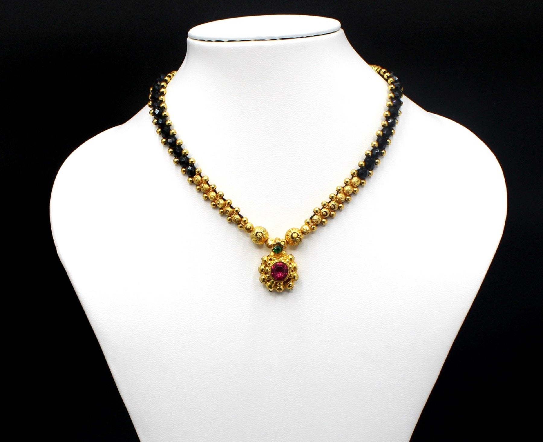 Traditional Gold-Plated Dual-Layer Mangalsutra with Ruby-Green Pendant 💛
