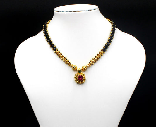 Traditional Gold-Plated Dual-Layer Mangalsutra with Ruby-Green Pendant 💛