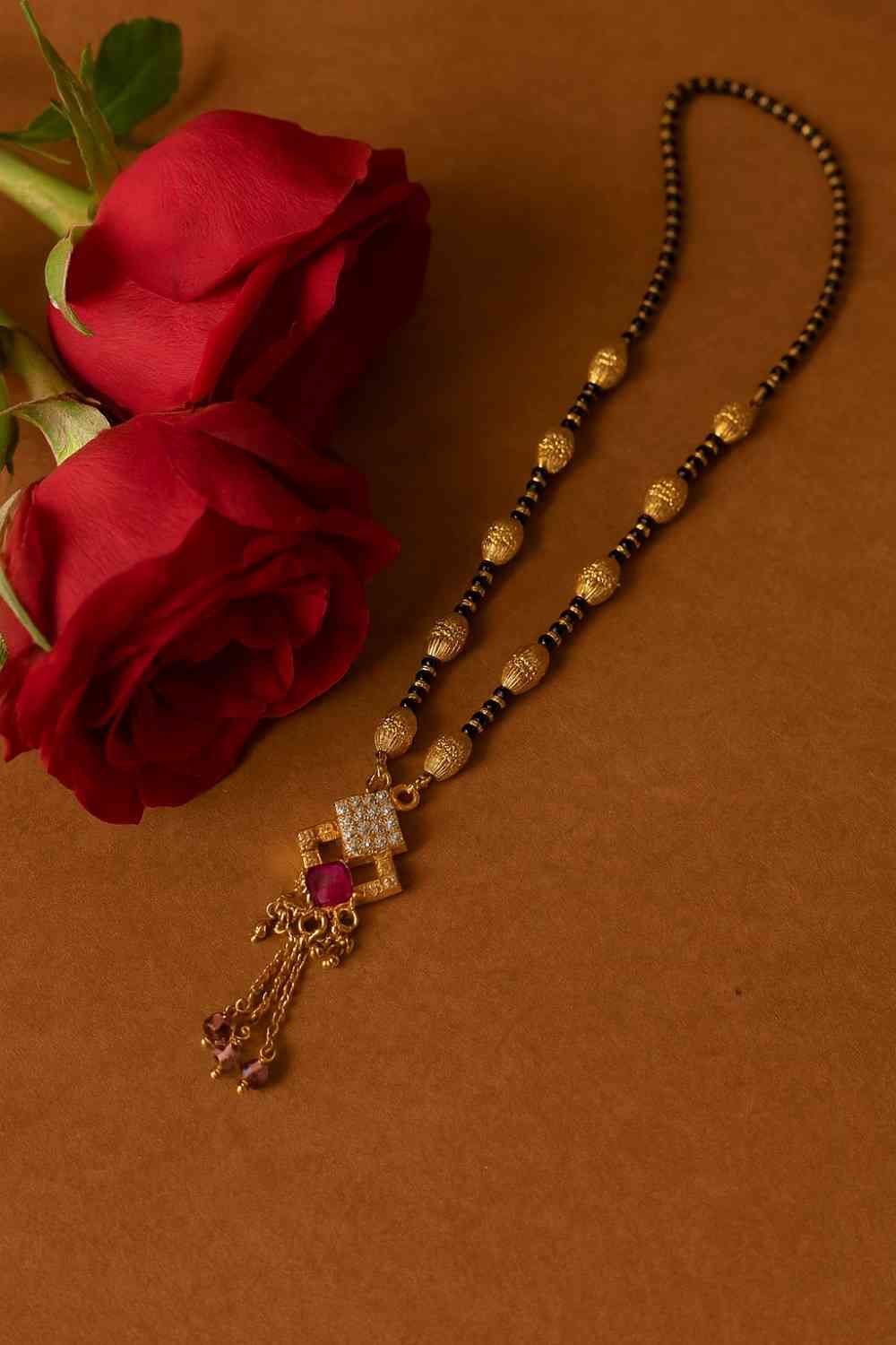 Royal Gold-Plated Traditional Mangalsutra – Purple Stone Pendant with Black Beads