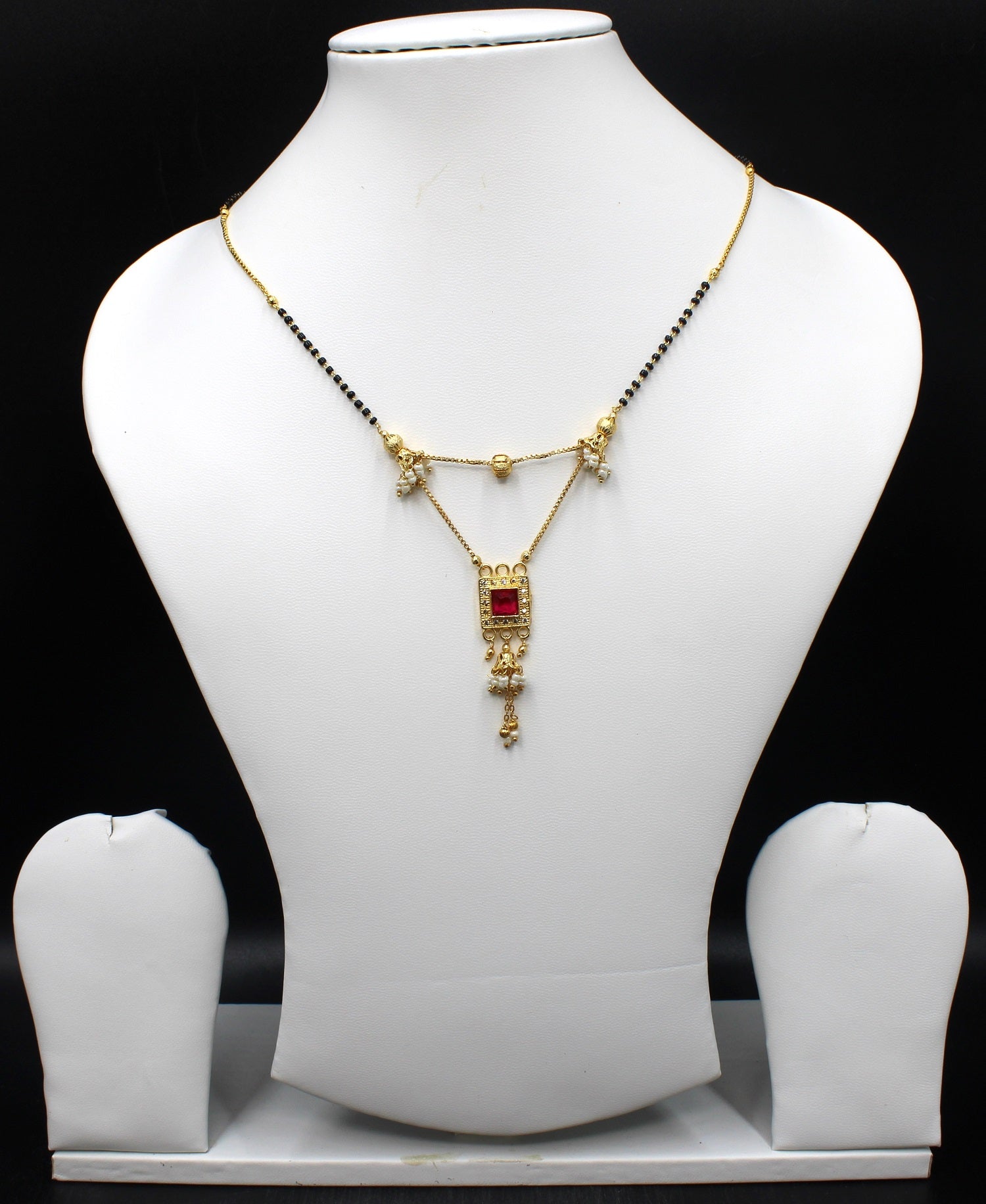 Traditional Red Stone Square Pendant Mangalsutra – Royal Elegance with Pearl Drops ❤️