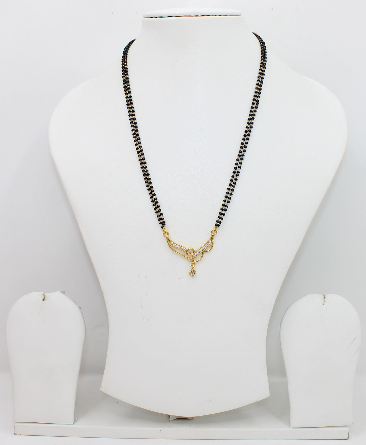 Stylish Double-Line Black Bead Mangalsutra with CZ Drop Pendant
