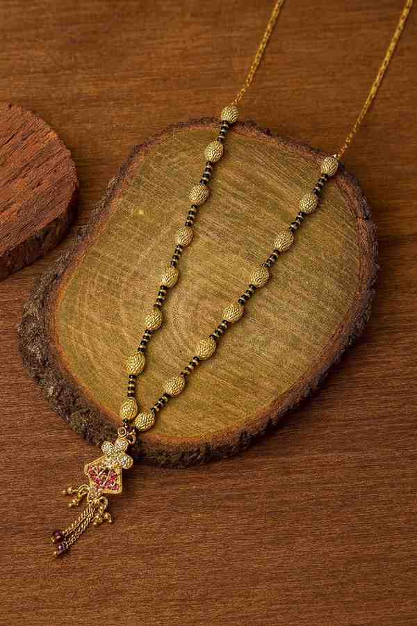 Royal Gold-Plated Double-Layer Long Mangalsutra – Red Stone & Black Bead Design