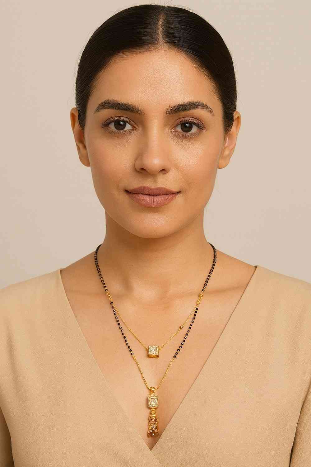 Dual-Layer Square Pendant Mangalsutra – Premium Gold-Plated Black Bead Chain for Modern Brides