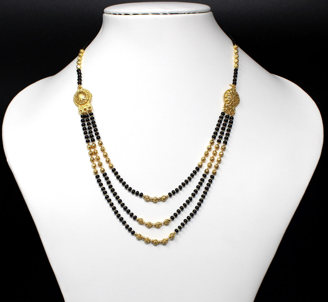Triple Layer Gold Plated Mangalsutra – Royal Black Beads Design for Elegant Brides 💛