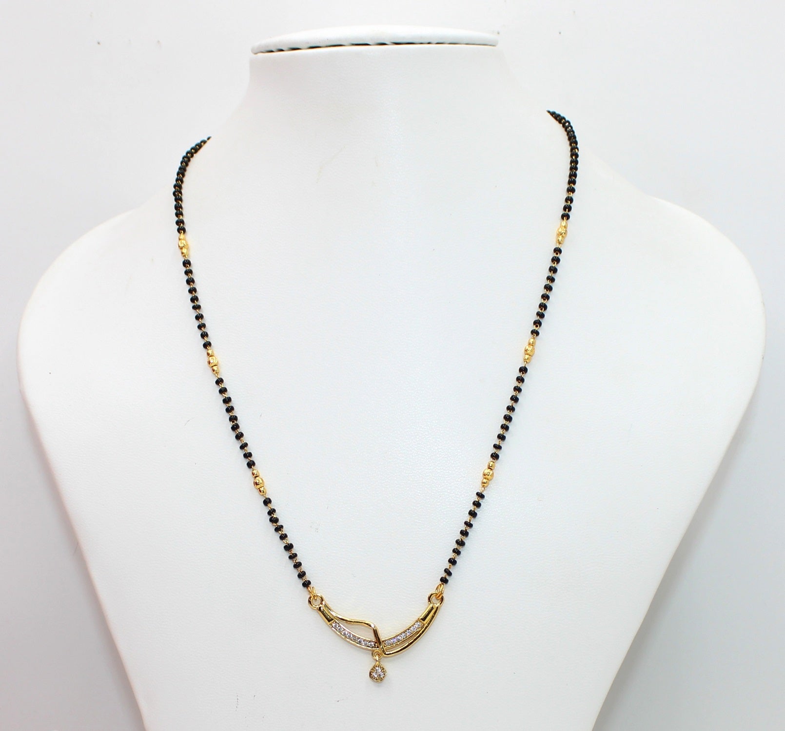 Graceful Gold-Plated Mangalsutra with CZ Stone Pendant & Dual Beads
