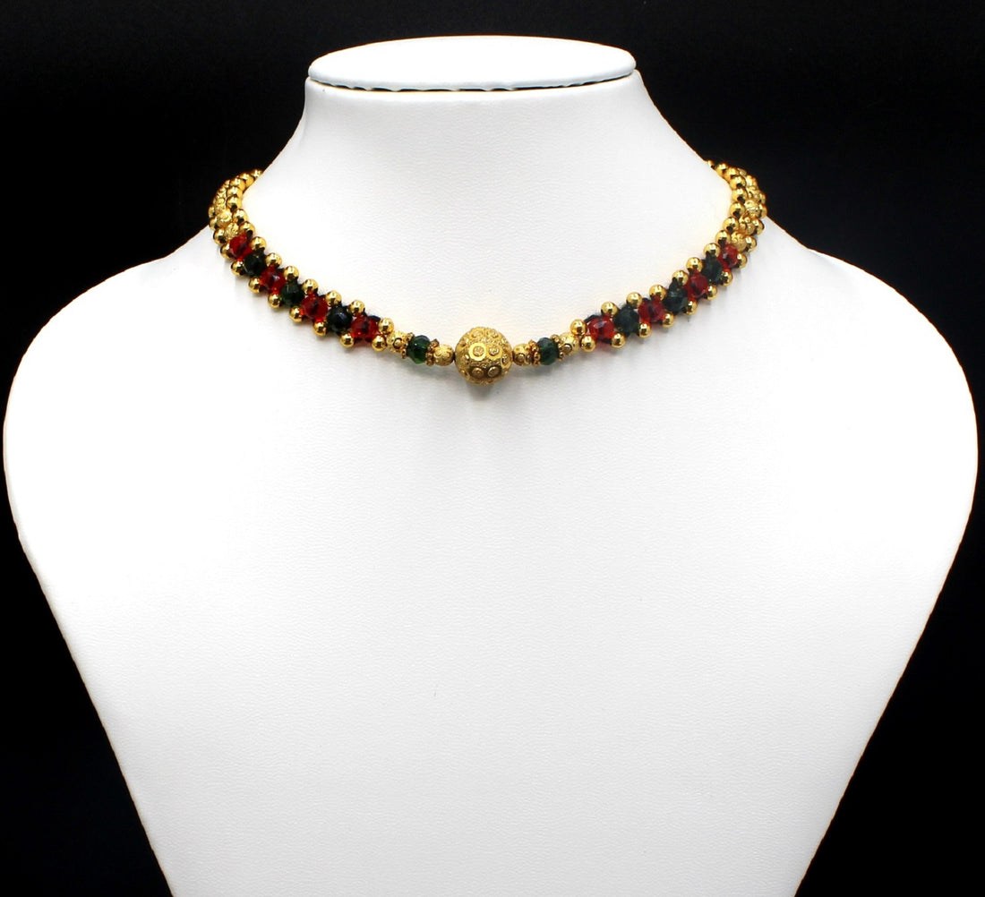 Elegant Red & Black Beaded Choker Necklace with Golden Centerpiece – Festive & Ethnic Jewellery for Women