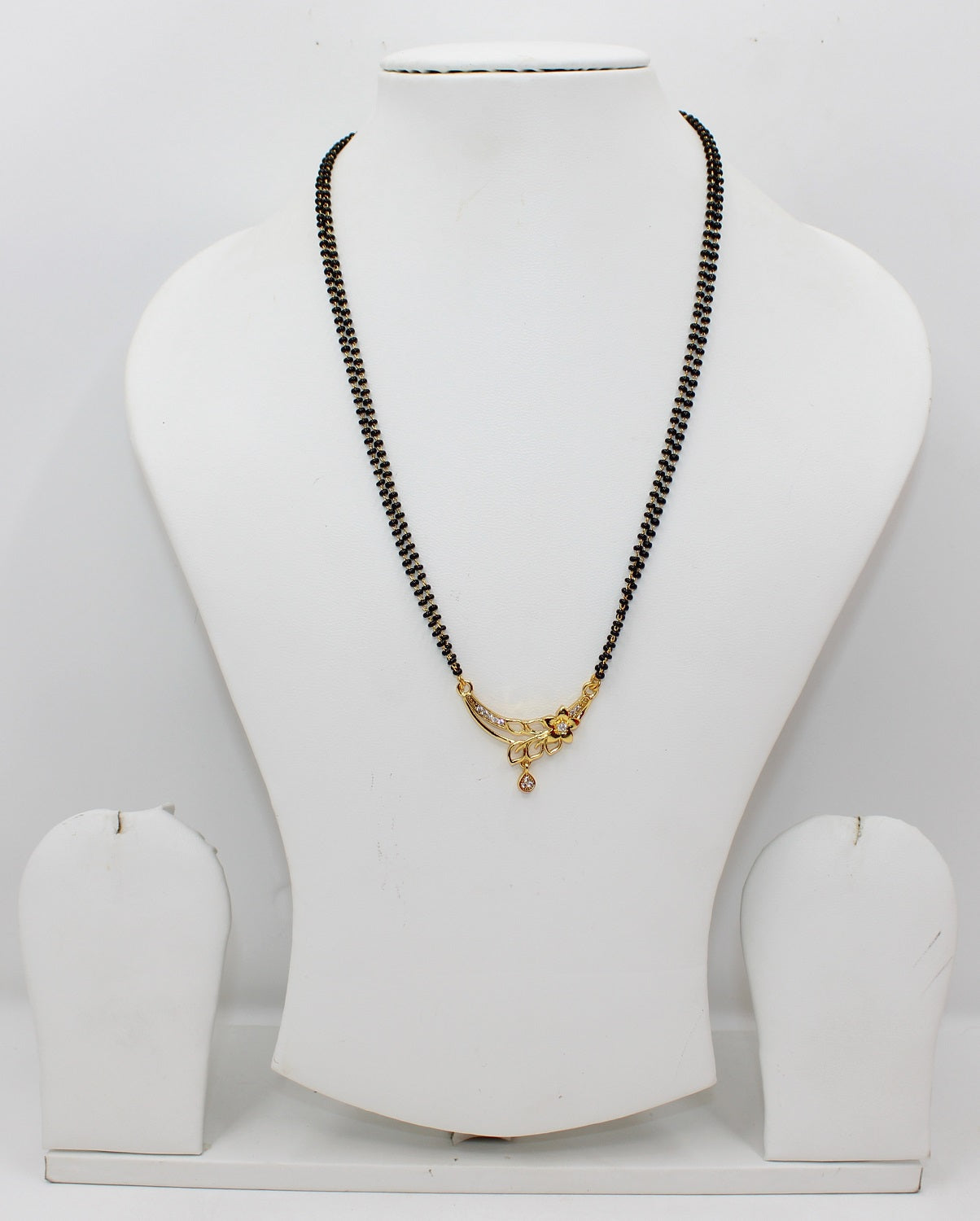 Elegant Floral Pendant Mangalsutra with Double Black Bead Chain & CZ Stones