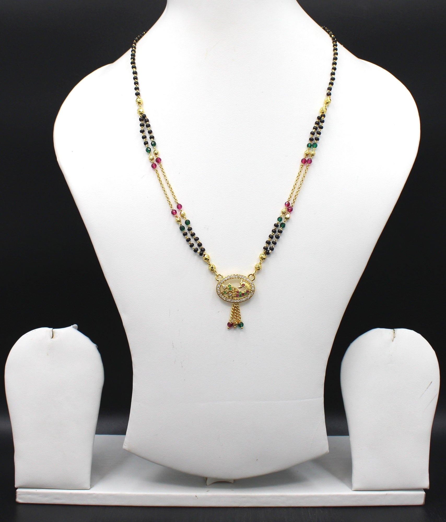 Traditional Gold-Plated Mangalsutra with Ruby Beads & Round Pendant – Elegant Daily Wear Design