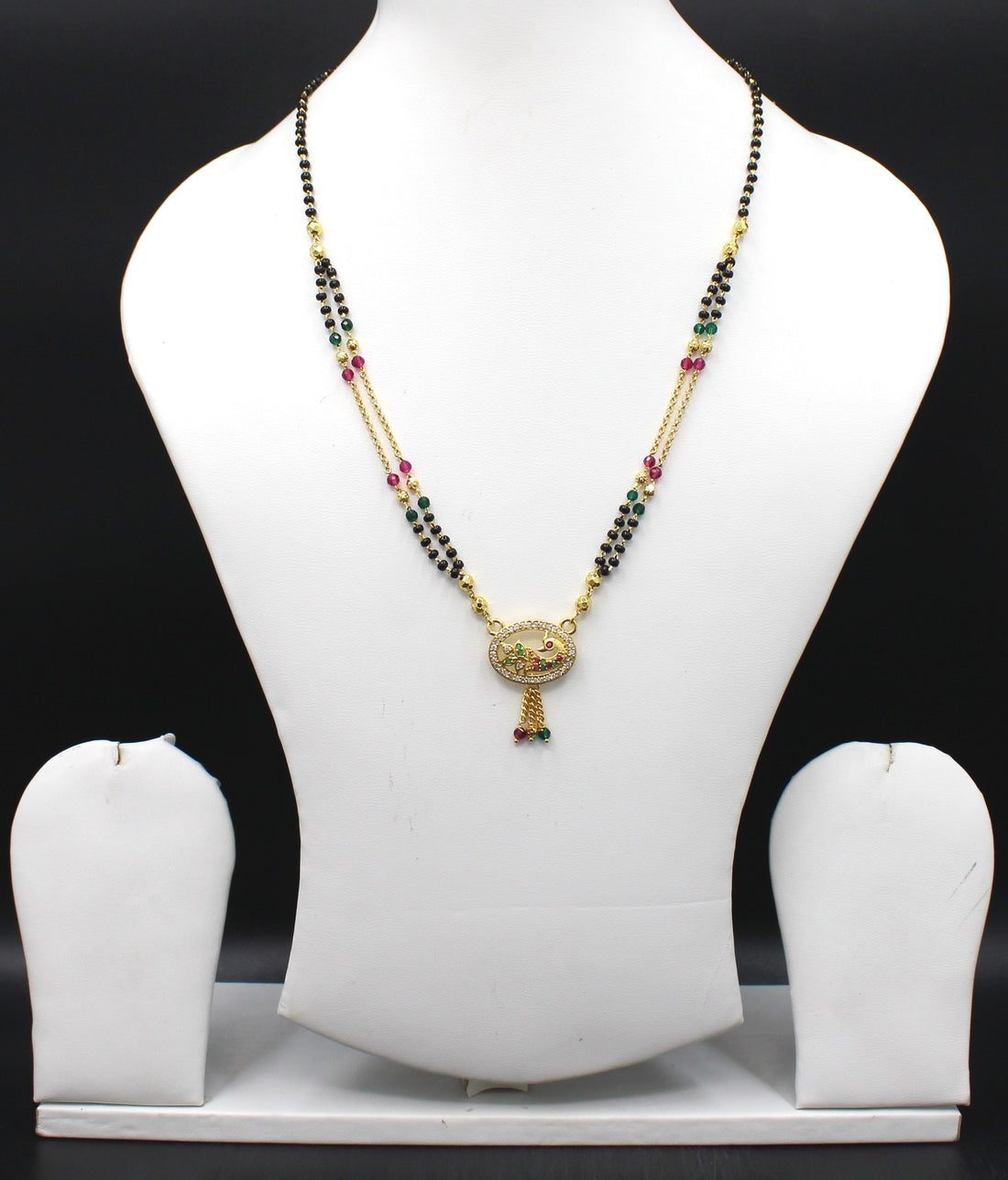 Traditional Gold-Plated Mangalsutra with Ruby Beads & Round Pendant – Elegant Daily Wear Design