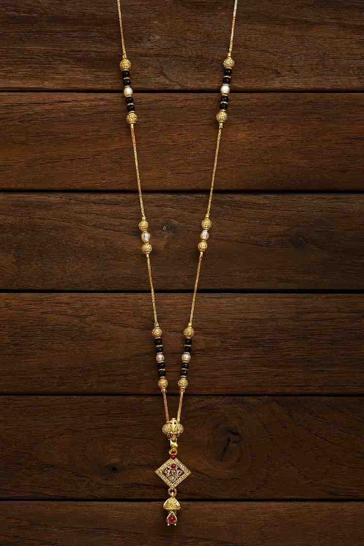 Gold-Plated Traditional Diamond Mangalsutra – Red Stone Pendant with Pearl & Black Beads
