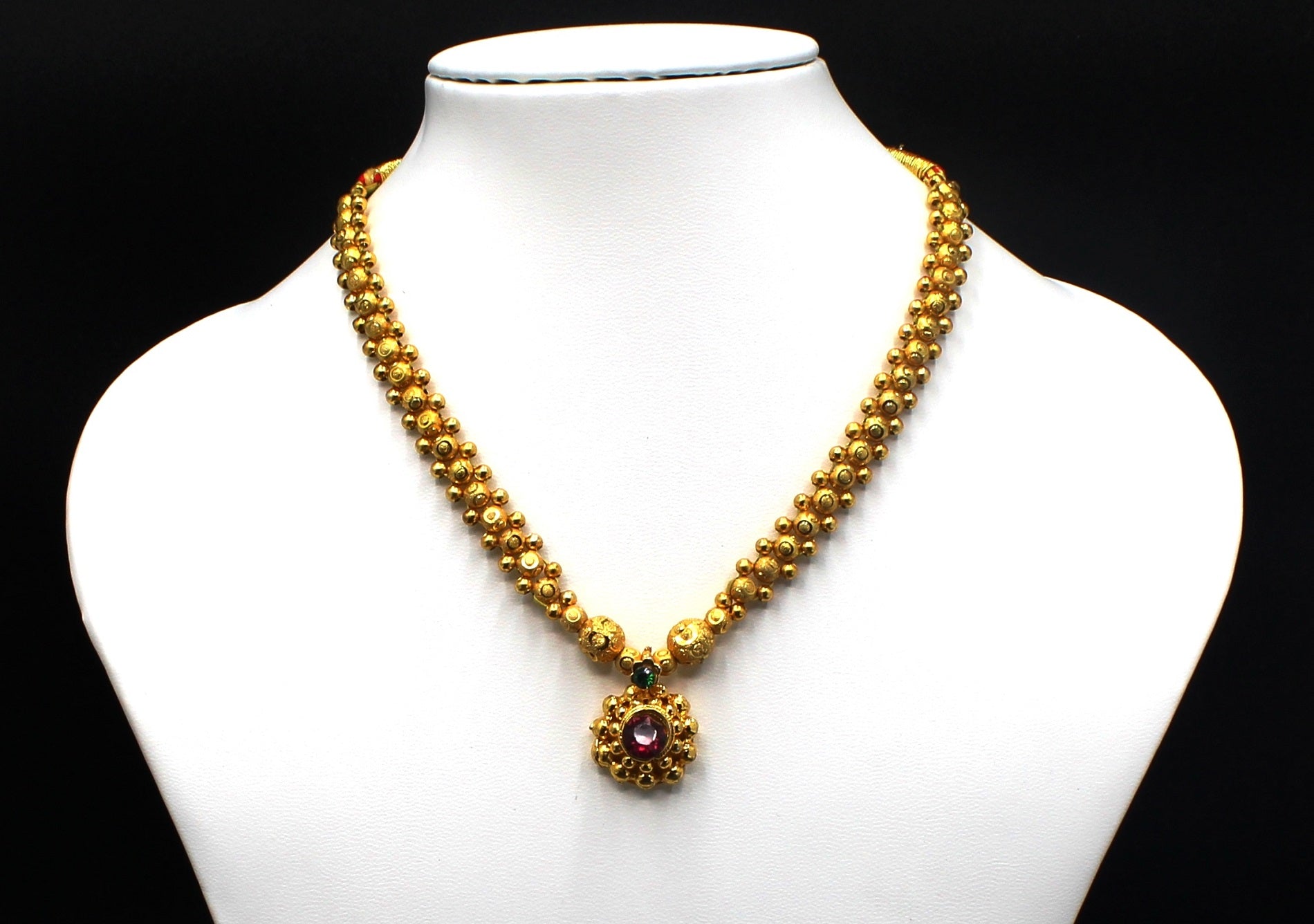 Royal Gold-Plated Floral Pendant Necklace with Pink & Green Stones – Traditional Bridal & Festive Jewellery