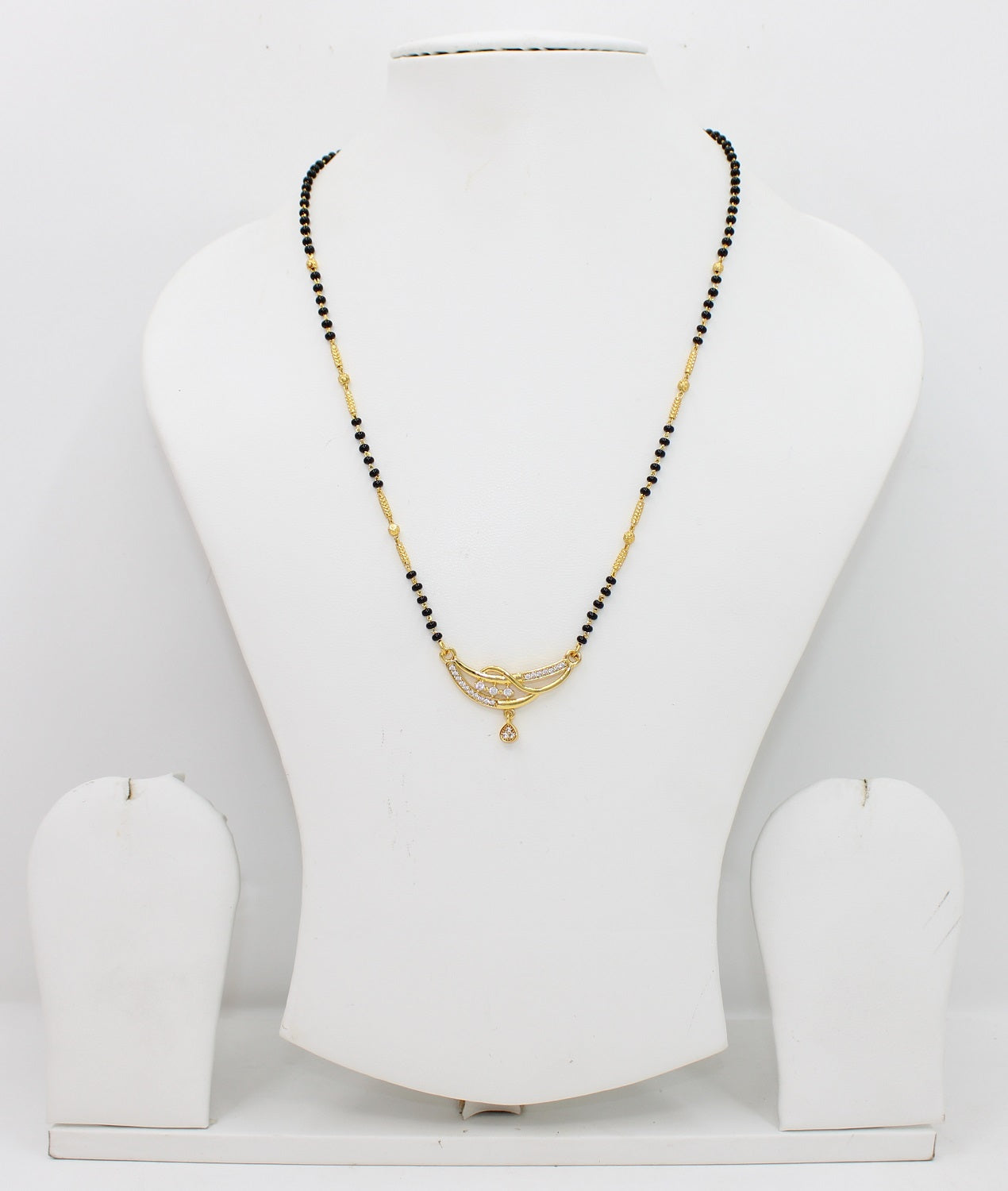 Gold-Plated Designer Mangalsutra with Black Beads & CZ Drop Pendant