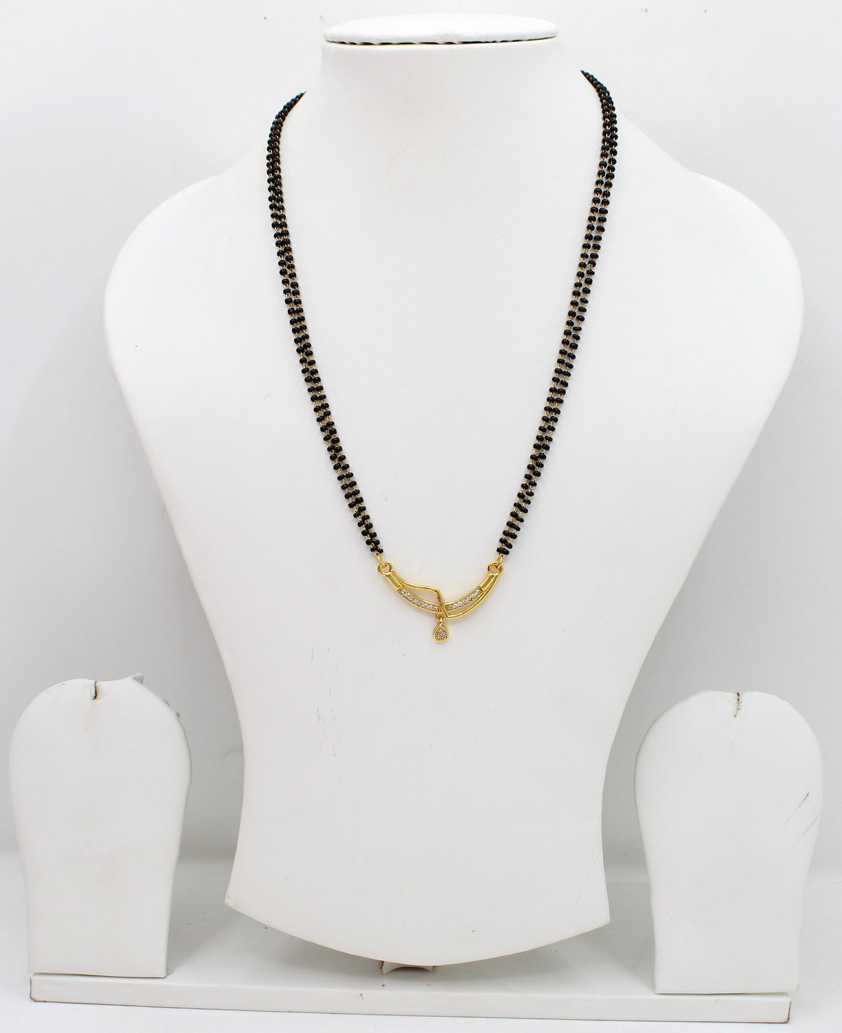 Classic Double-Line Black Bead Mangalsutra with CZ Stone Pendant