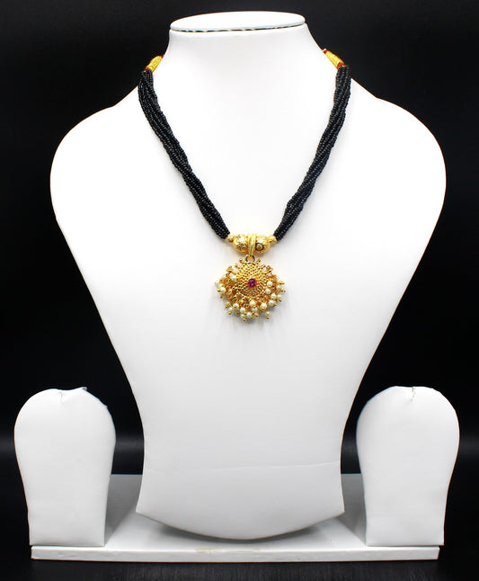 Royal Round Pendant Temple Mangalsutra – Gold Plated Multi-Layer Black Bead Necklace ✨