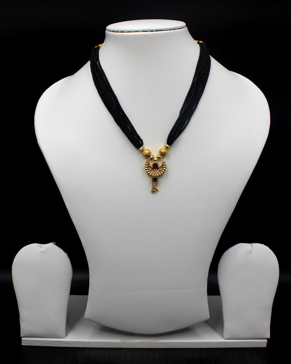 Graceful Moon Pendant Mangalsutra – Gold Plated Black Bead Necklace with Ruby Stone Charm ✨