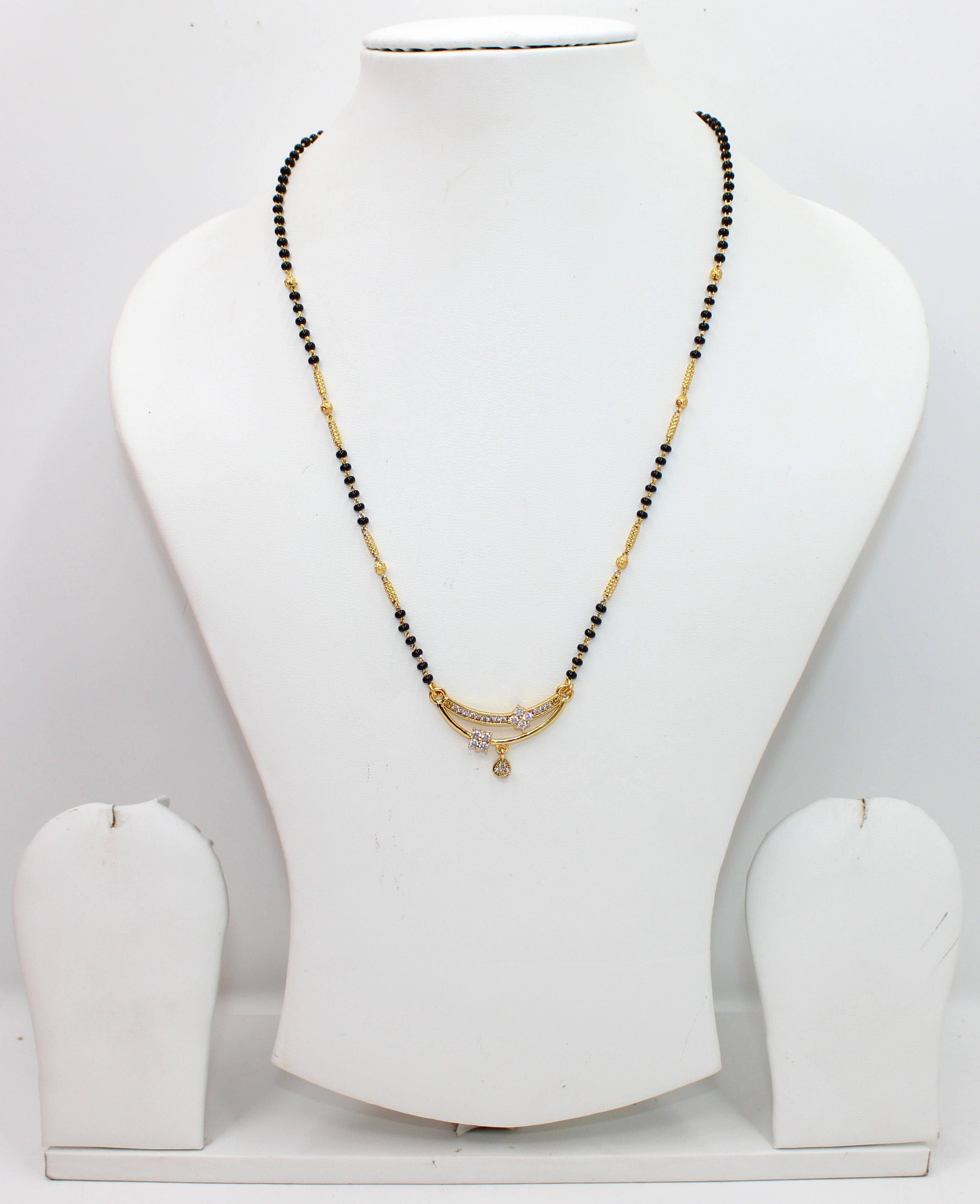 Designer Gold-Plated Mangalsutra with Dual CZ Charms & Black Beads