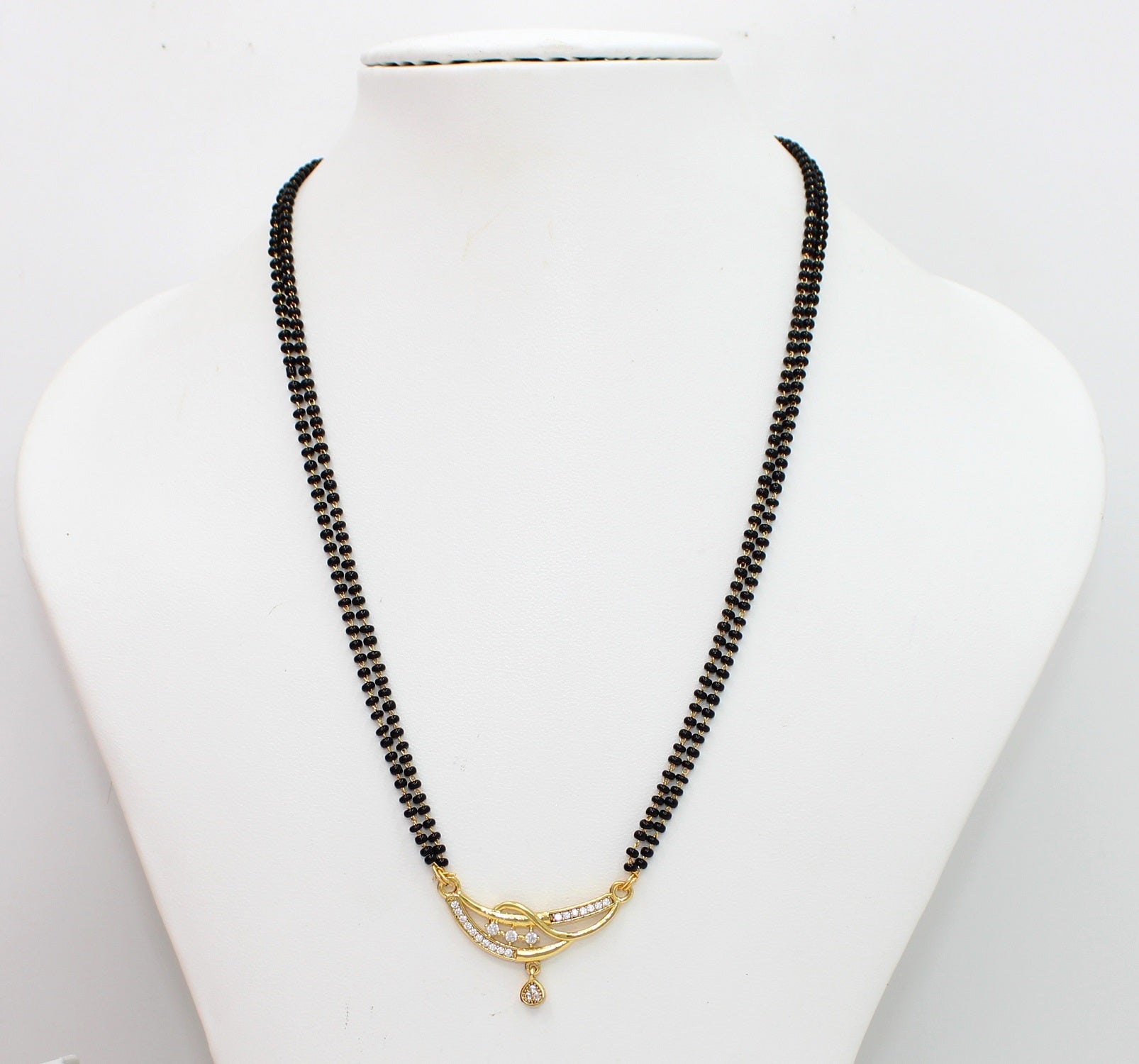 Elegant Double-Line Black Beads Mangalsutra with Gold-Plated CZ Pendant