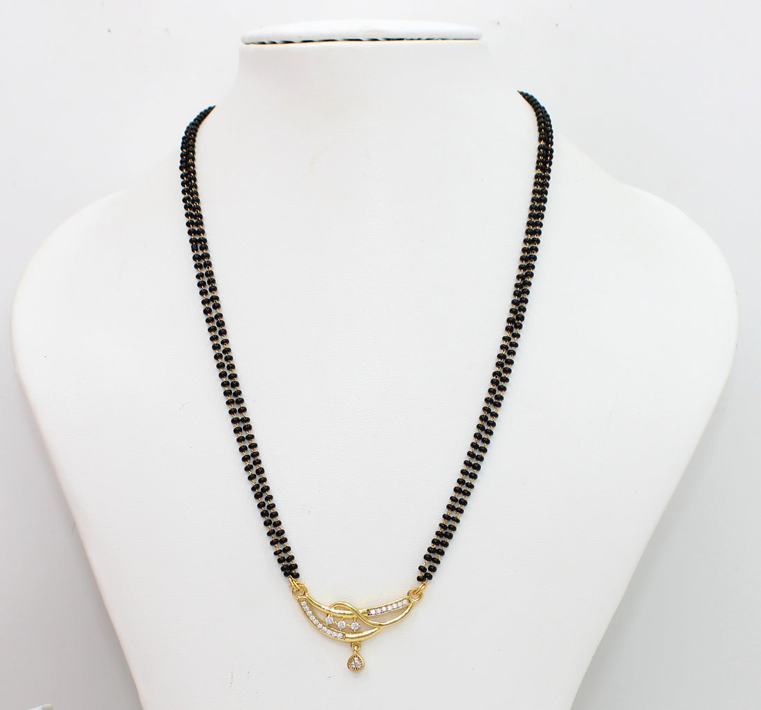 Elegant Double-Line Black Beads Mangalsutra with Gold-Plated CZ Pendant