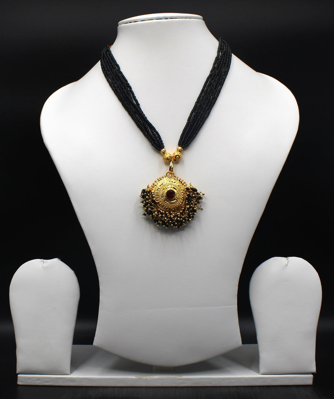 Traditional Round Designer Mangalsutra – 1 Gram Gold Plated with Pink Stone & Multi-Layer Black Beads ✨