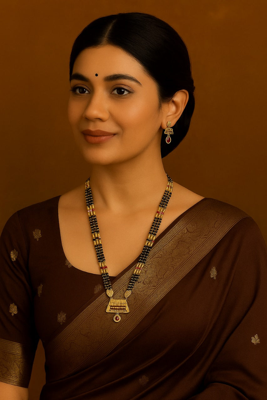 Traditional Gold-Plated Mangalsutra with Red Stone Pendant & Earrings – Bridal Jewellery Set