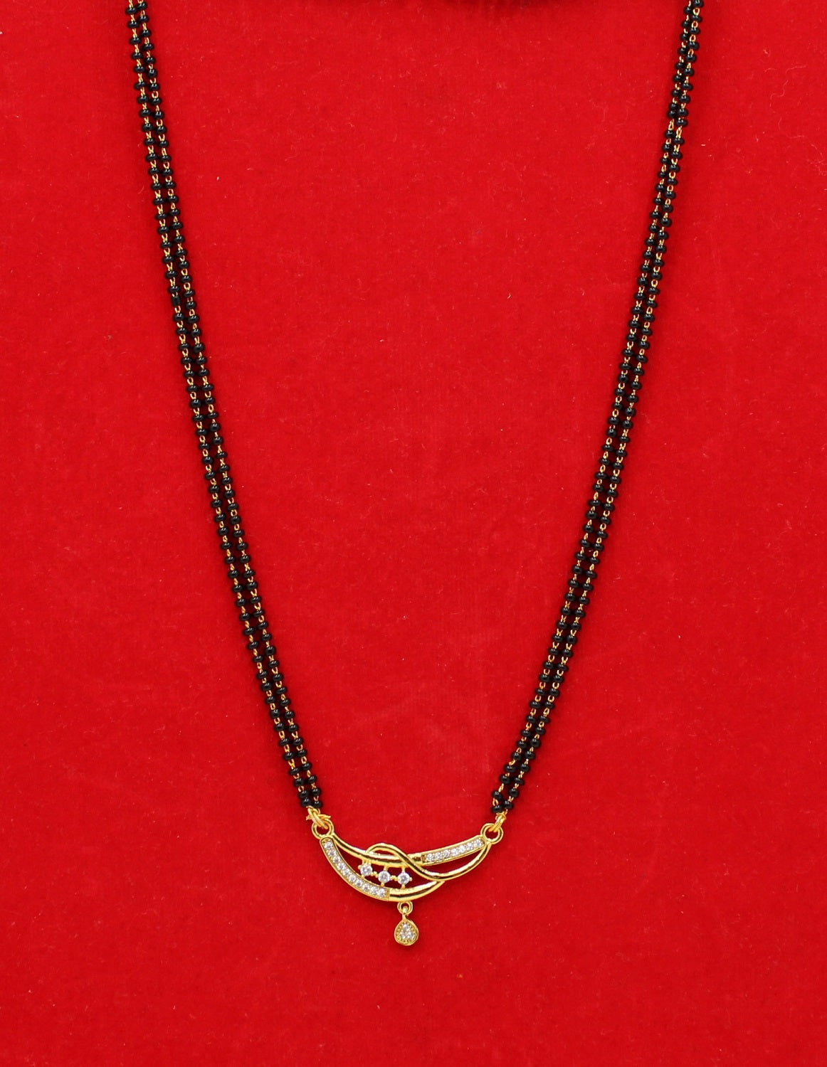 Elegant Double-Line Black Beads Mangalsutra with Gold-Plated CZ Pendant