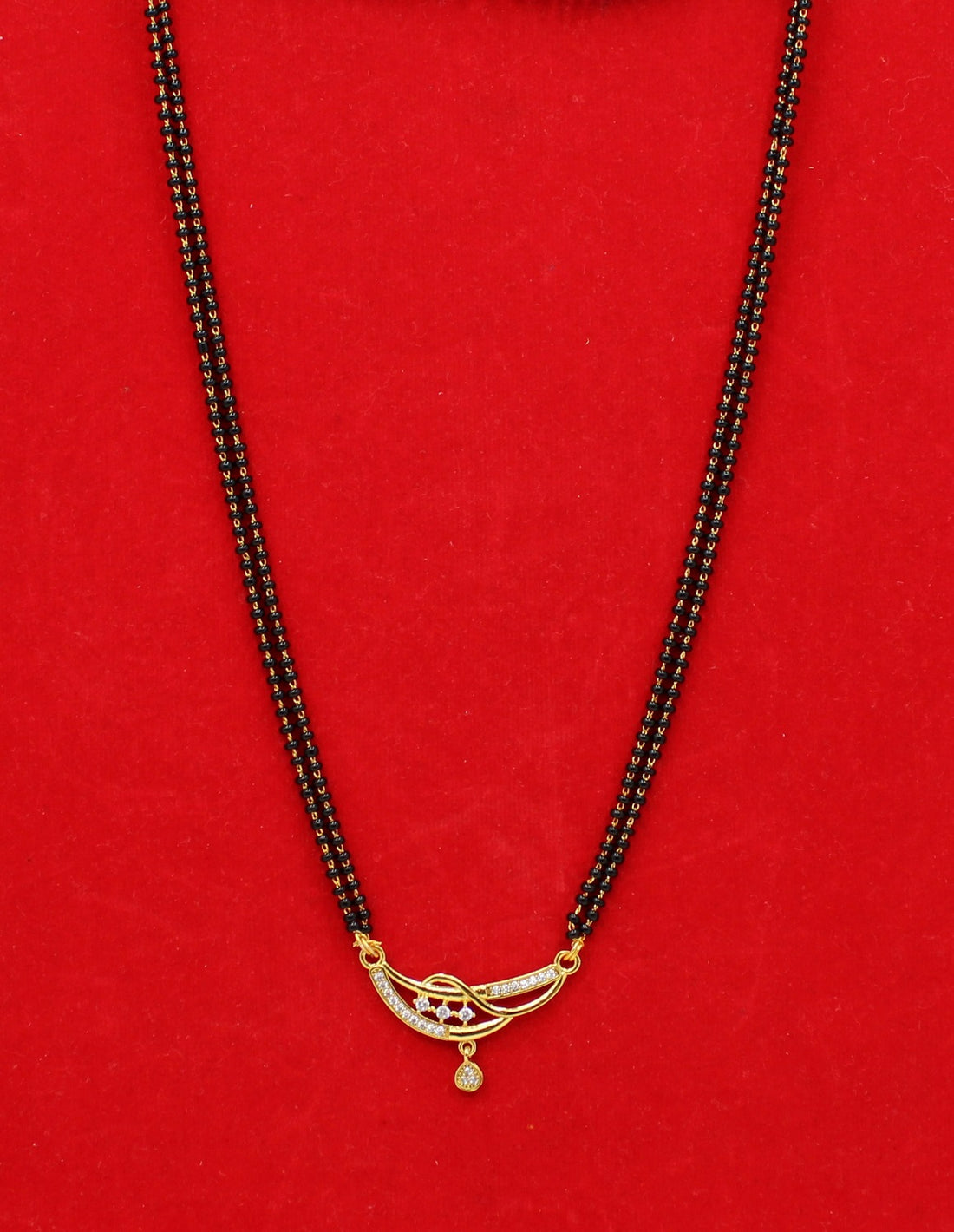 Elegant Double-Line Black Beads Mangalsutra with Gold-Plated CZ Pendant