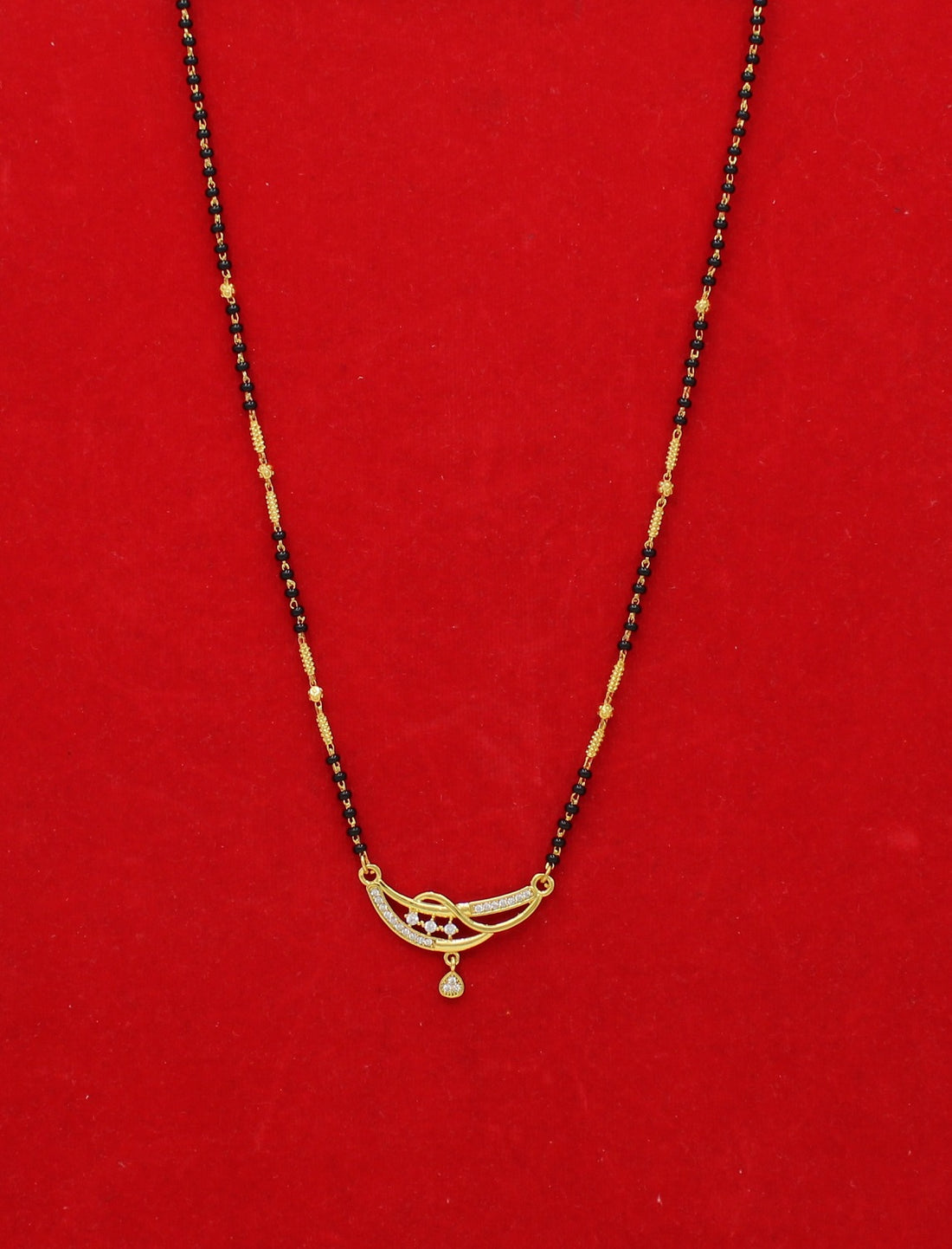 Gold-Plated Designer Mangalsutra with Black Beads & CZ Drop Pendant