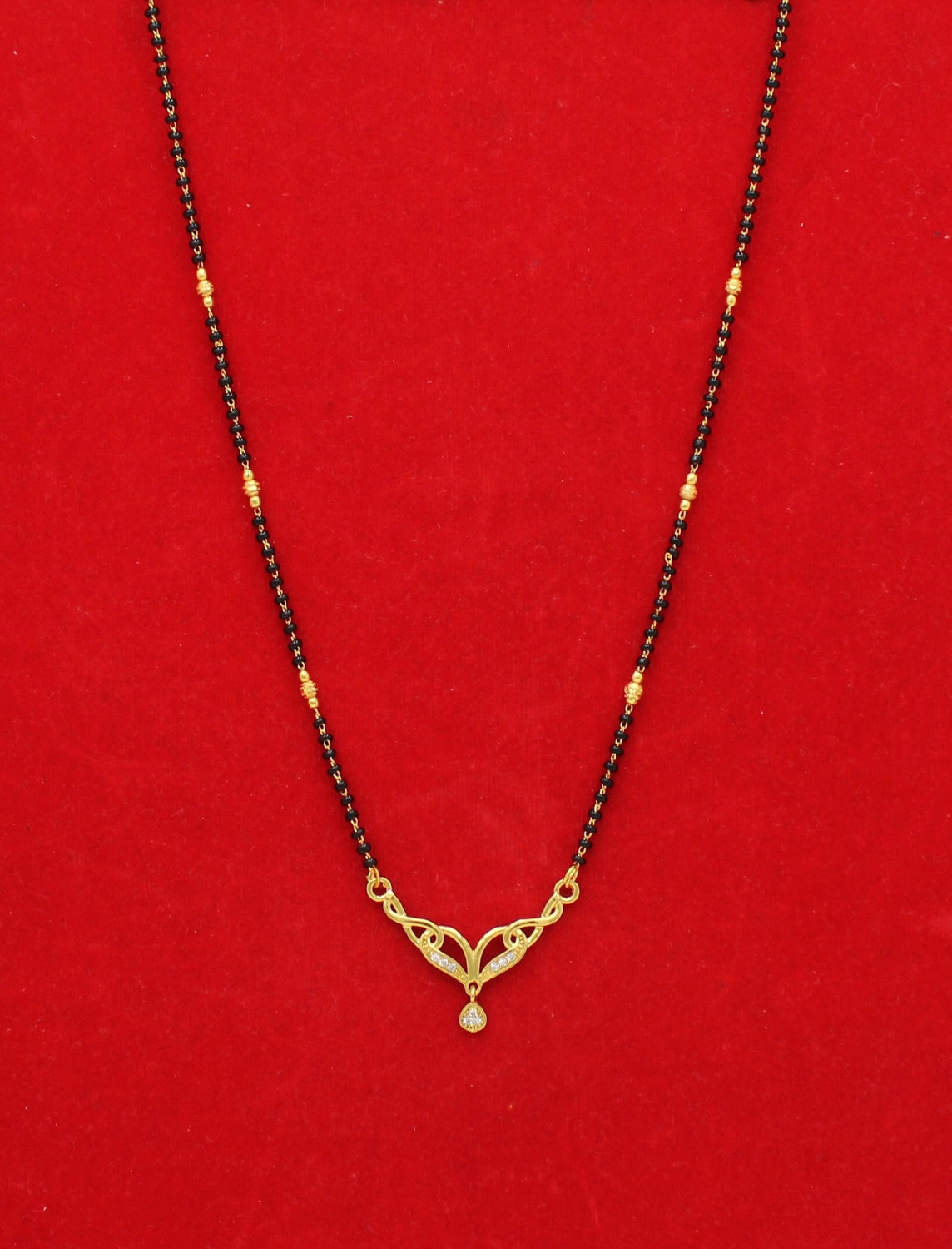 Elegant Gold-Plated Mangalsutra with CZ Pendant & Classic Black Beads
