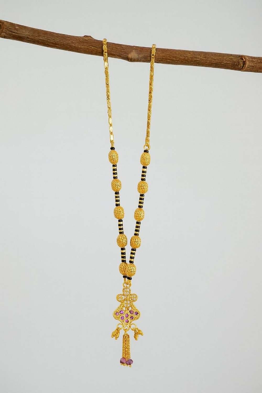 Royal Gold-Plated Double-Layer Long Mangalsutra – Red Stone & Black Bead Design