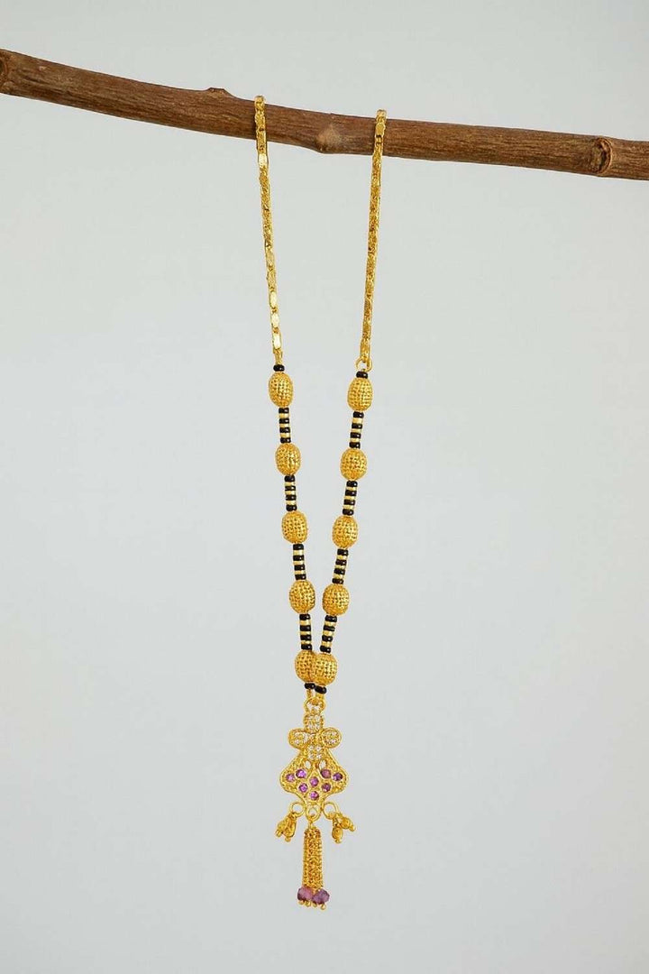 Royal Gold-Plated Double-Layer Long Mangalsutra – Red Stone & Black Bead Design