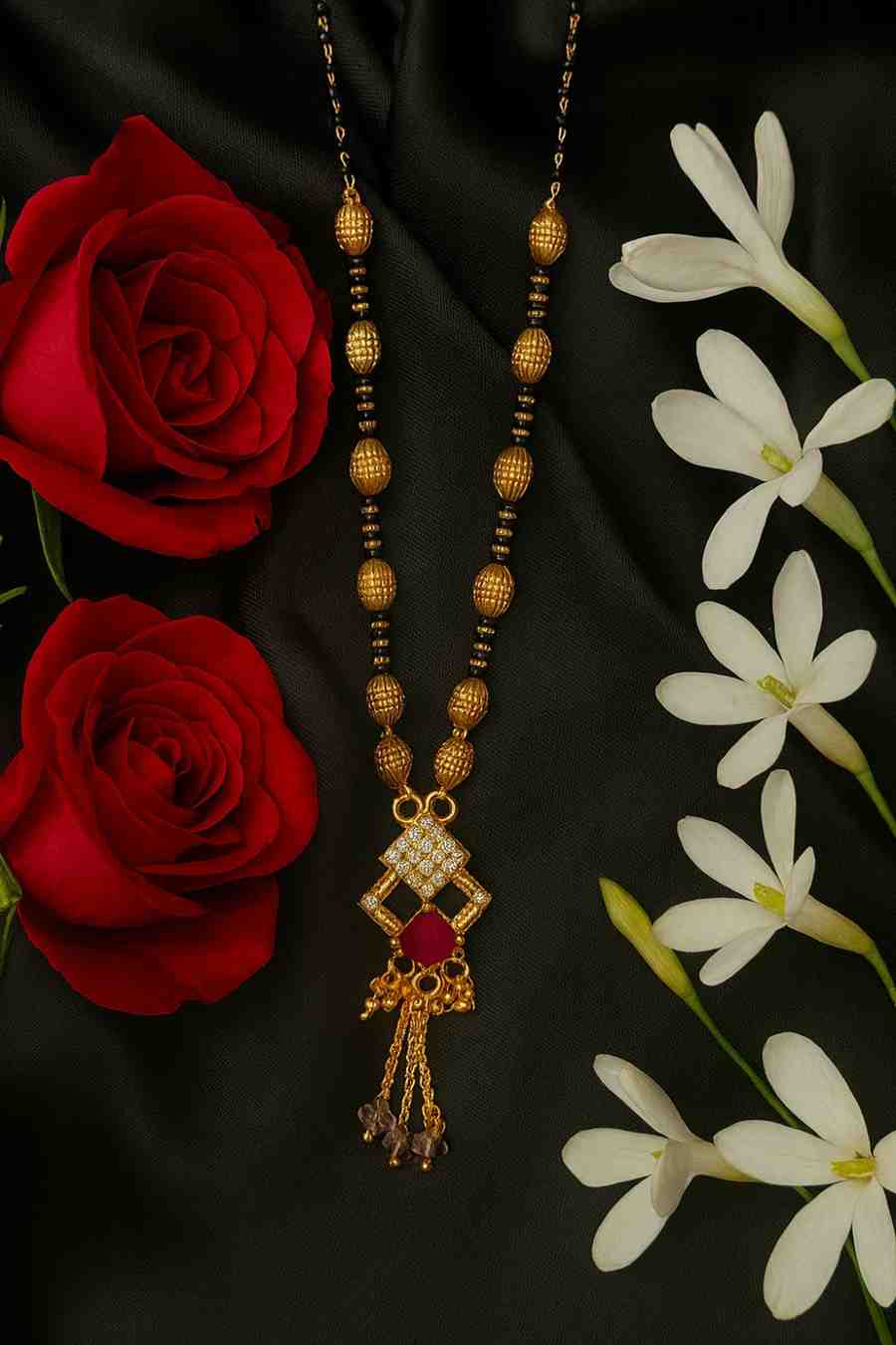 Royal Gold-Plated Traditional Mangalsutra – Purple Stone Pendant with Black Beads