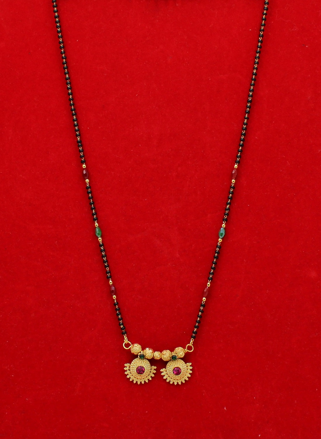 Traditional Red-Green Beaded Double Pendant Mangalsutra – Elegant Gold Plated Design ❤️💚