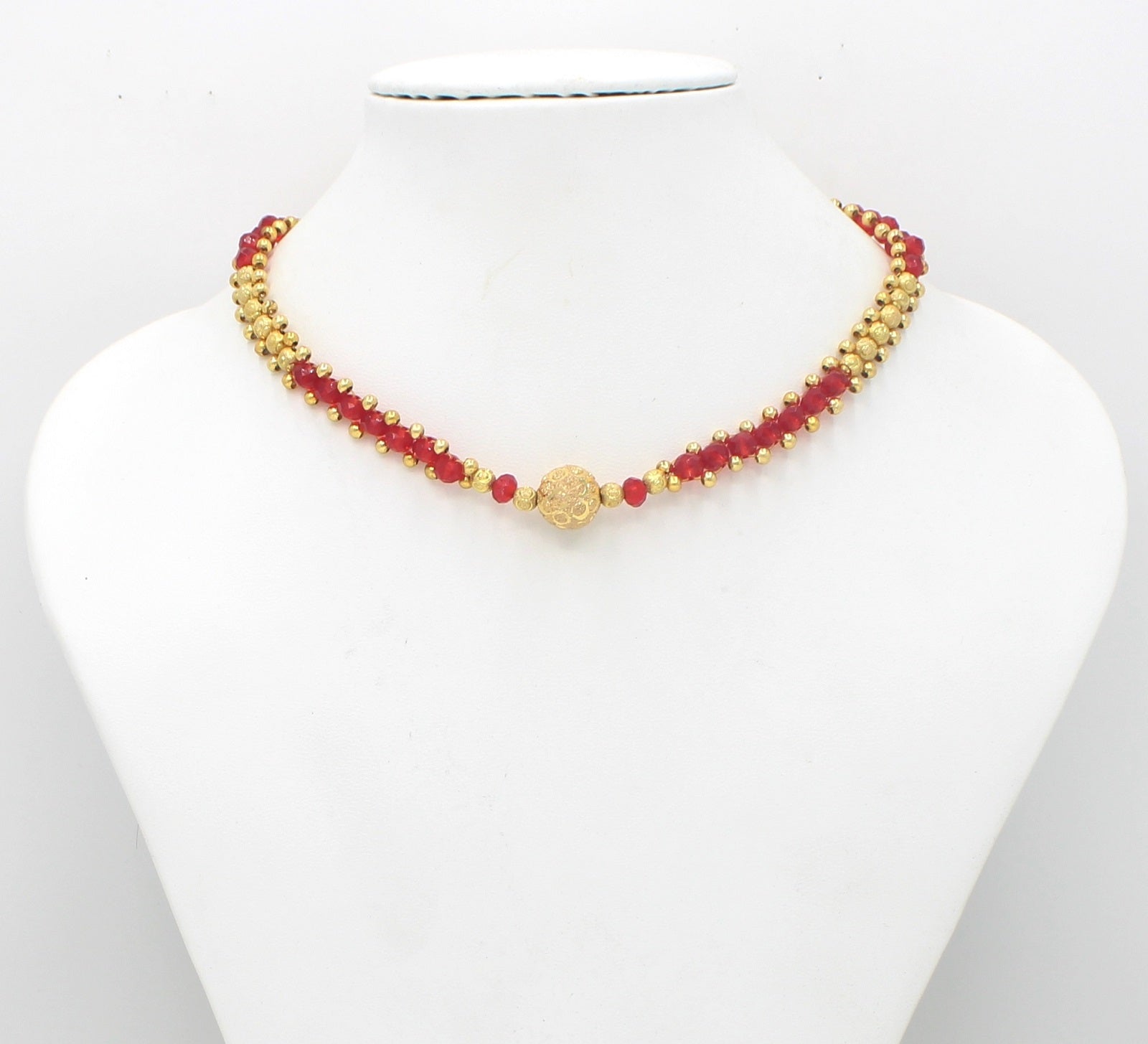 Classic Ruby Red and Gold Beaded Choker Necklace – Elegant Festive & Wedding Jewellery for Women