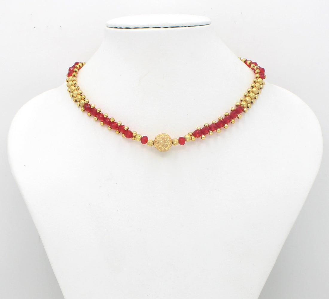 Classic Ruby Red and Gold Beaded Choker Necklace – Elegant Festive & Wedding Jewellery for Women