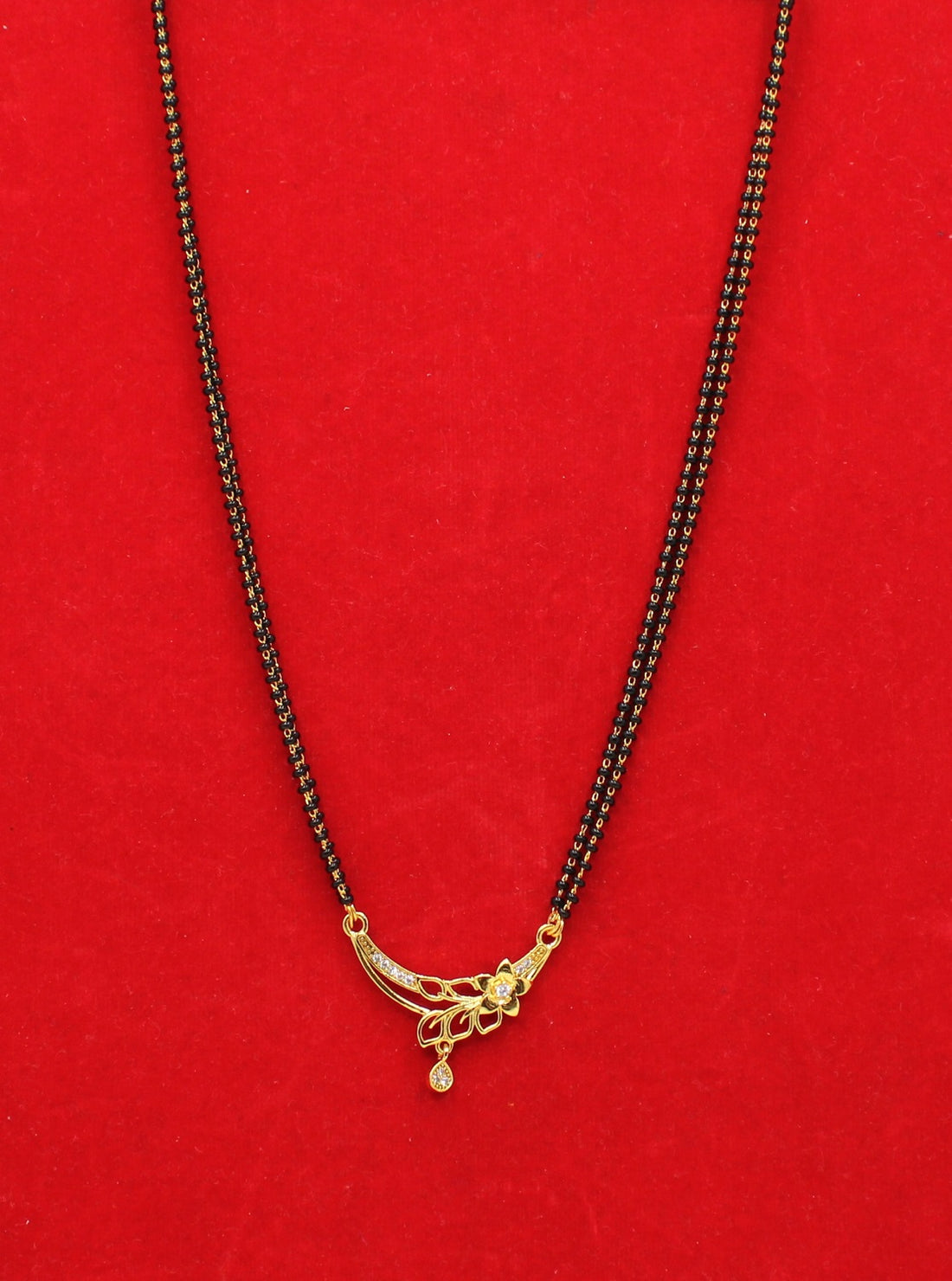 Elegant Floral Pendant Mangalsutra with Double Black Bead Chain & CZ Stones