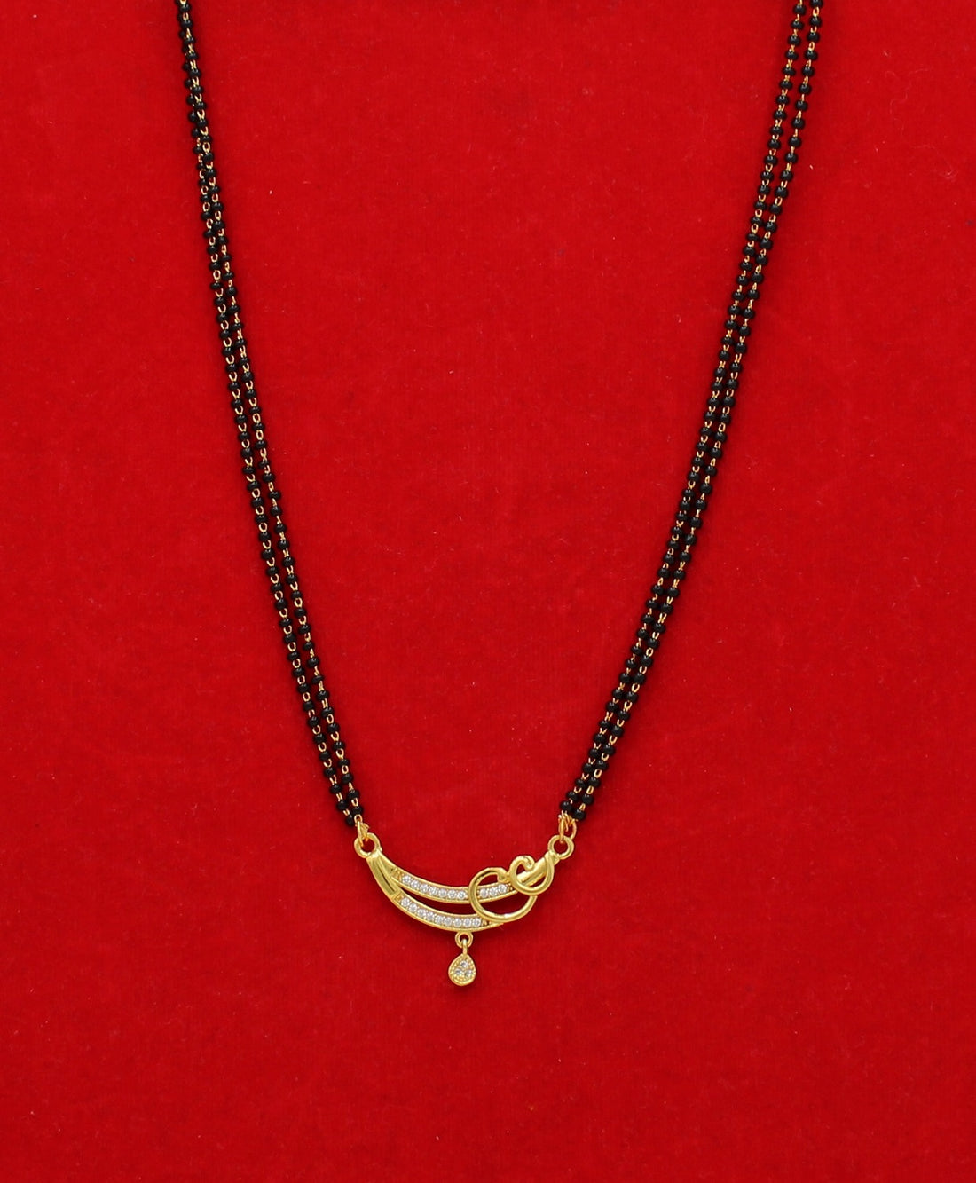 Elegant Double-Line Black Bead Mangalsutra with CZ Stone Pendant