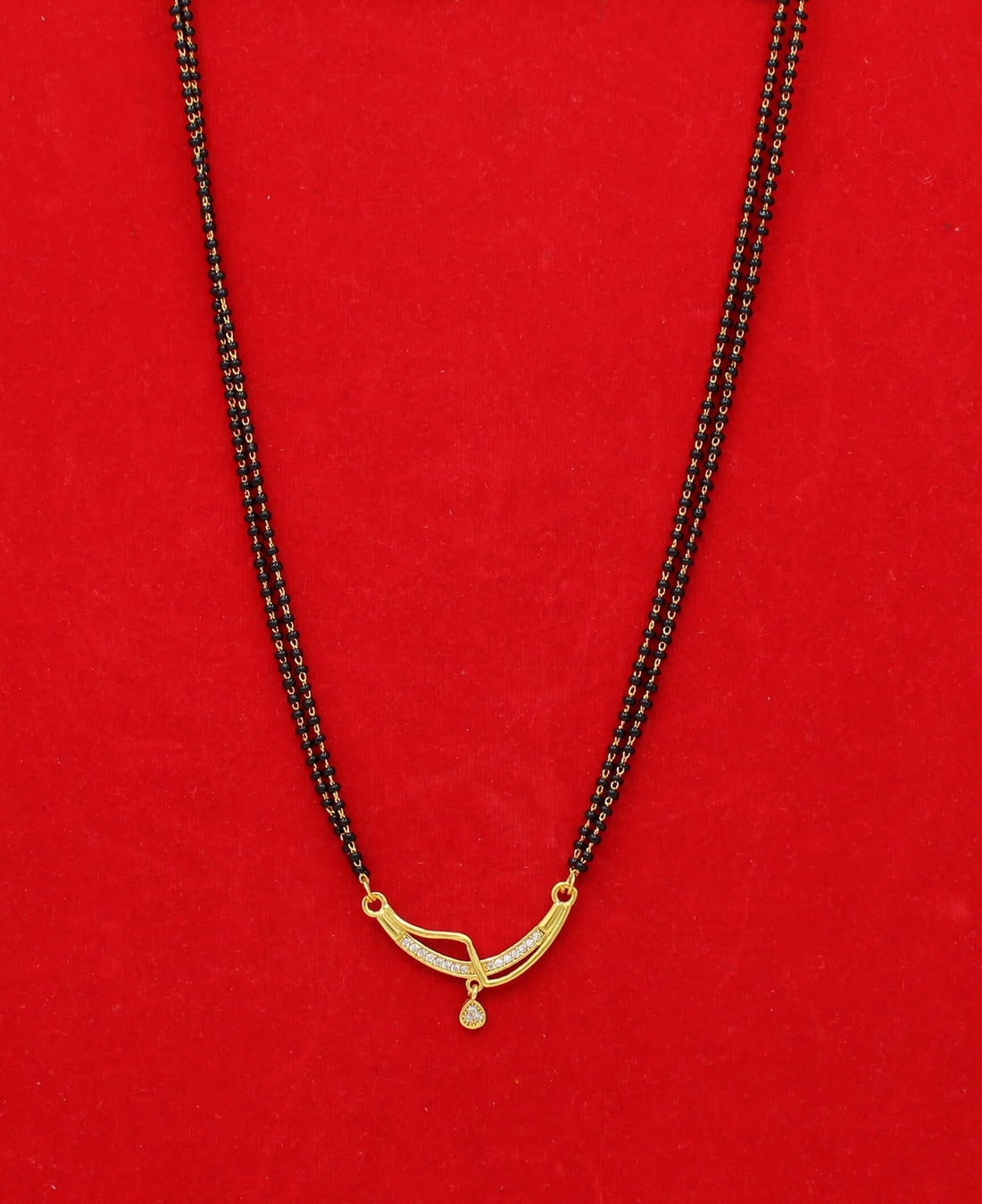 Classic Double-Line Black Bead Mangalsutra with CZ Stone Pendant