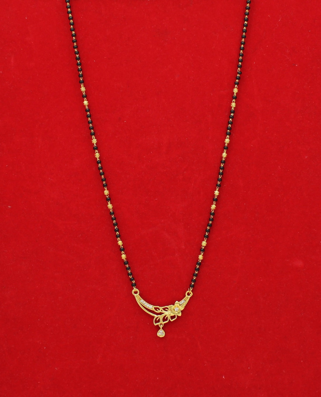 Floral Design Gold-Plated Mangalsutra with Black Beads & CZ Drop Pendant
